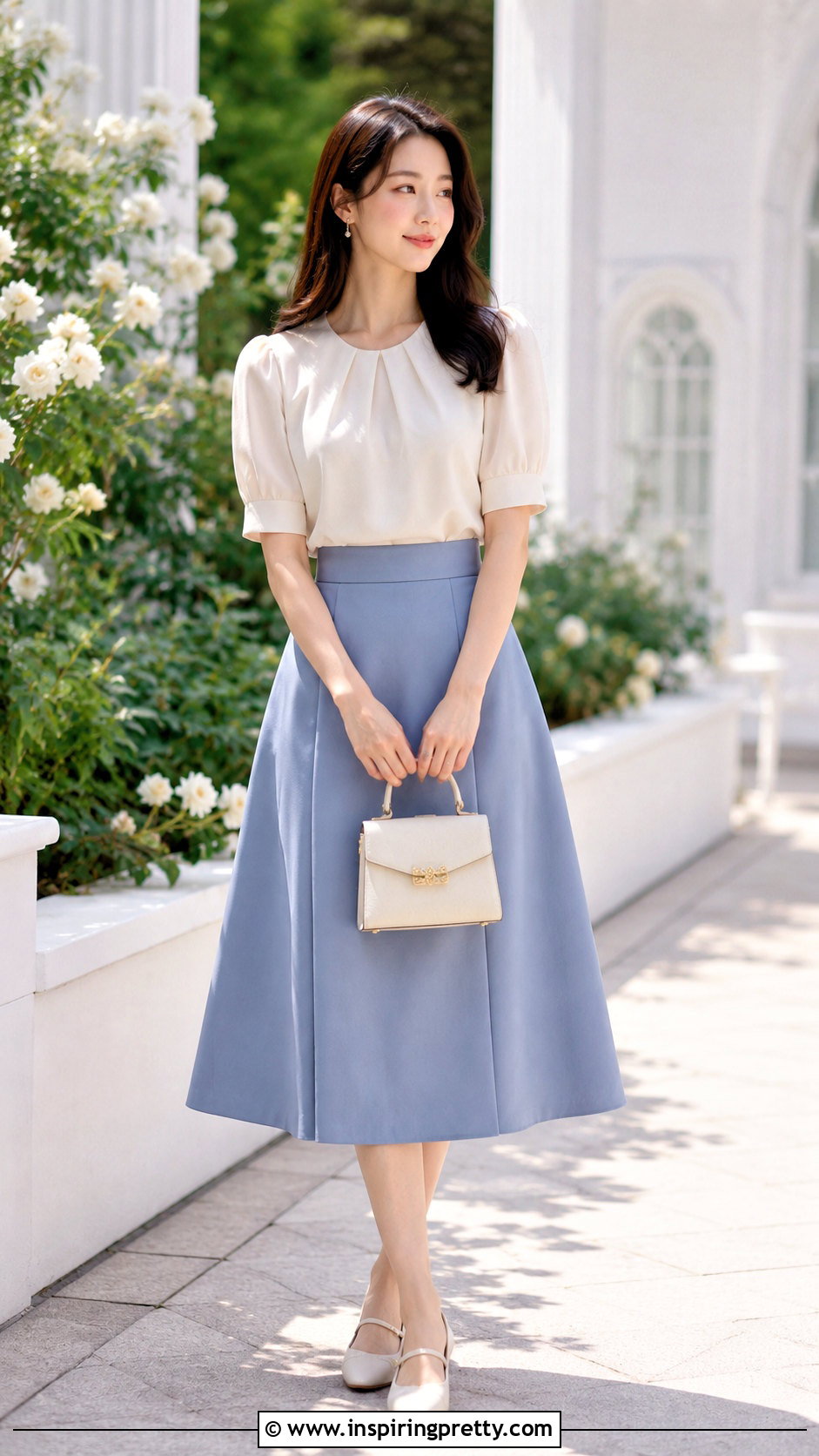 Korean Puff Sleeve Blouse And Midi Skirt Outfit - 50 korean fashion top outfit ideas
