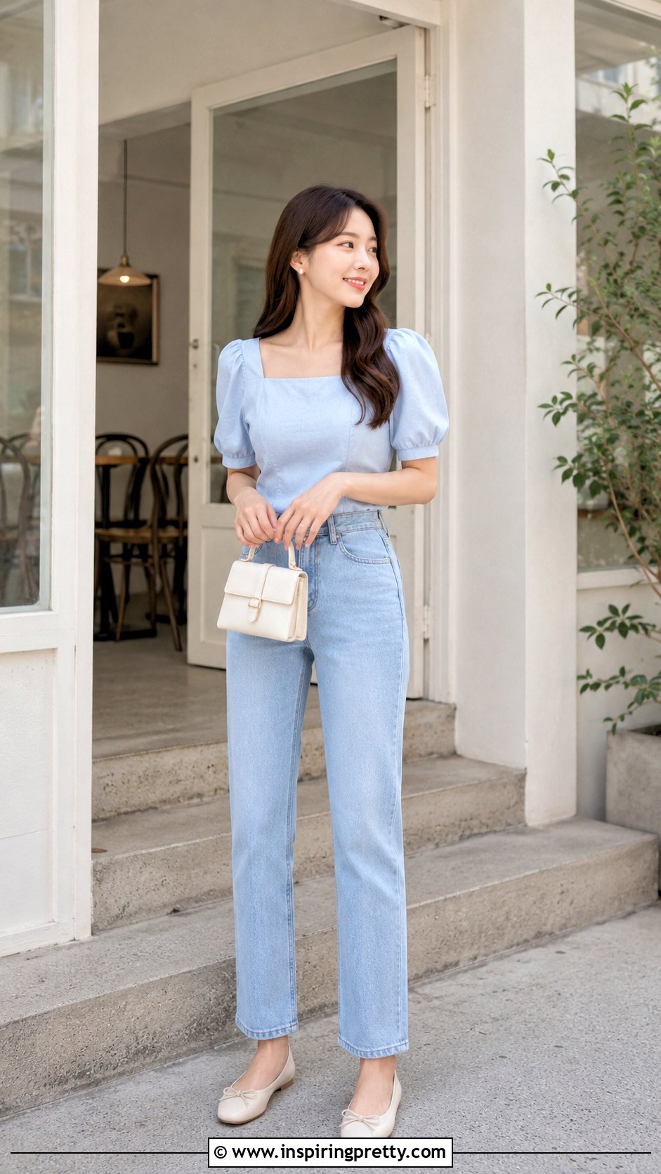 Korean Puff Sleeve Blouse And Straight Jeans Outfit - 50 korean tops outfits