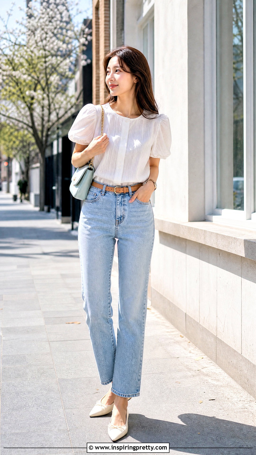 Korean Puff Sleeve Blouse With Straight Jeans - 50 cute korean tops outfit ideas