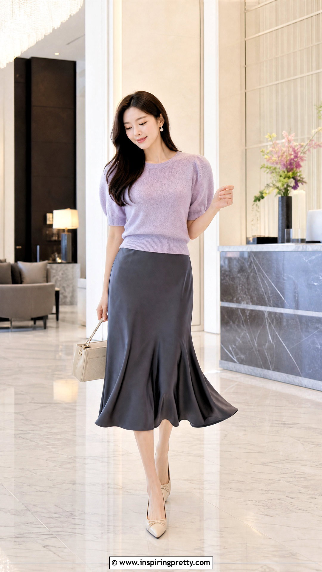 Korean Puff Sleeve Knit With Slip Skirt - 50 cute korean tops outfit ideas
