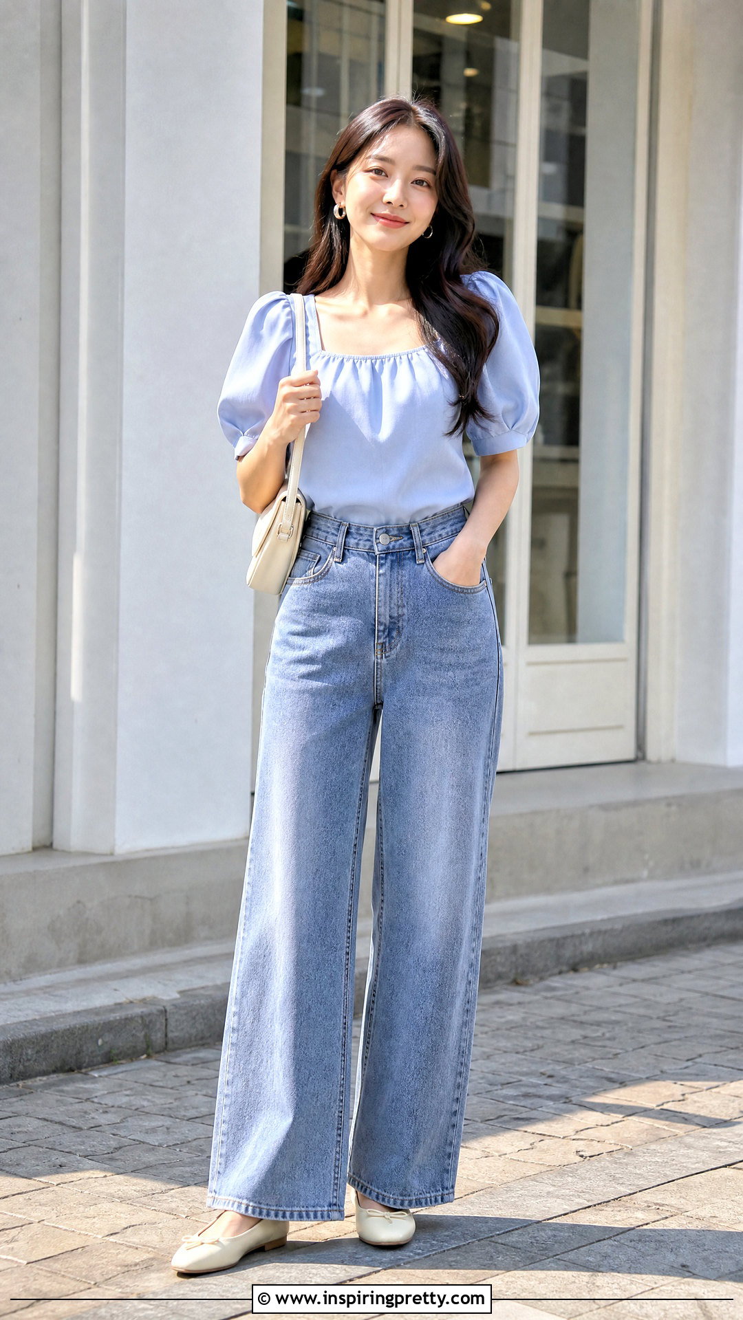 Korean Puff Sleeve Top With Wide Leg Jeans - 50 korean tops designs