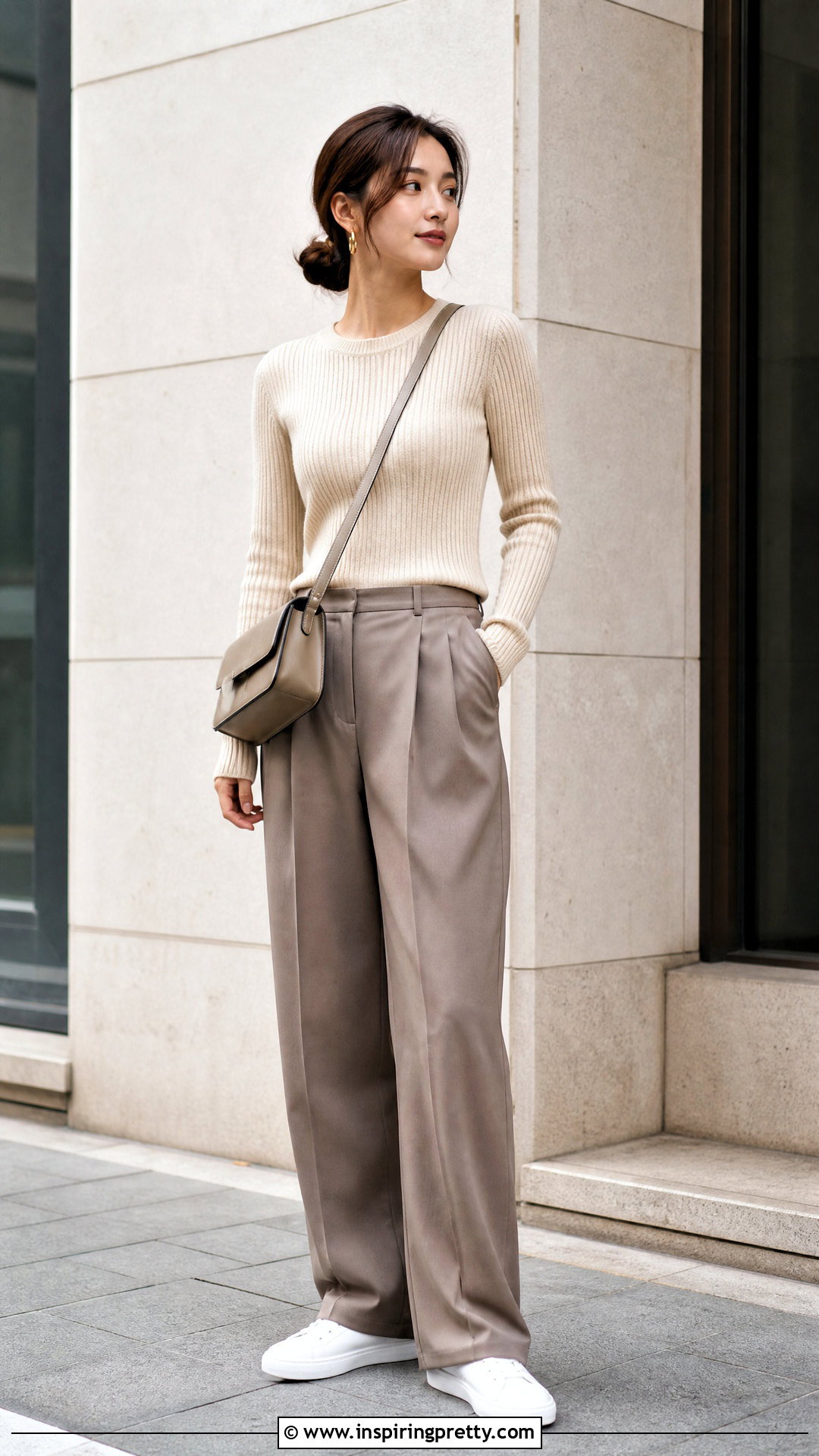 Korean Ribbed Knit Top With Pleated Trousers - 50 korean tops designs