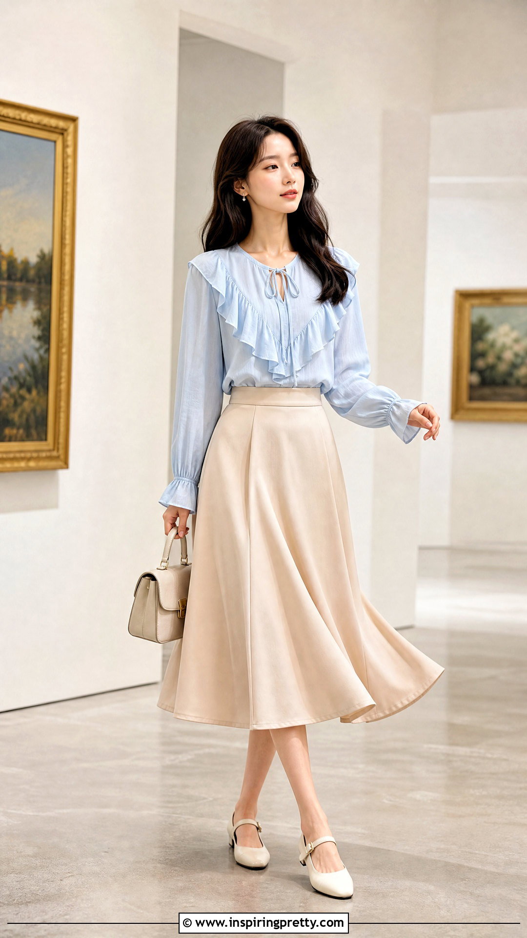 Korean Ruffle Blouse With Midi Skirt - 50 cute korean tops outfit ideas