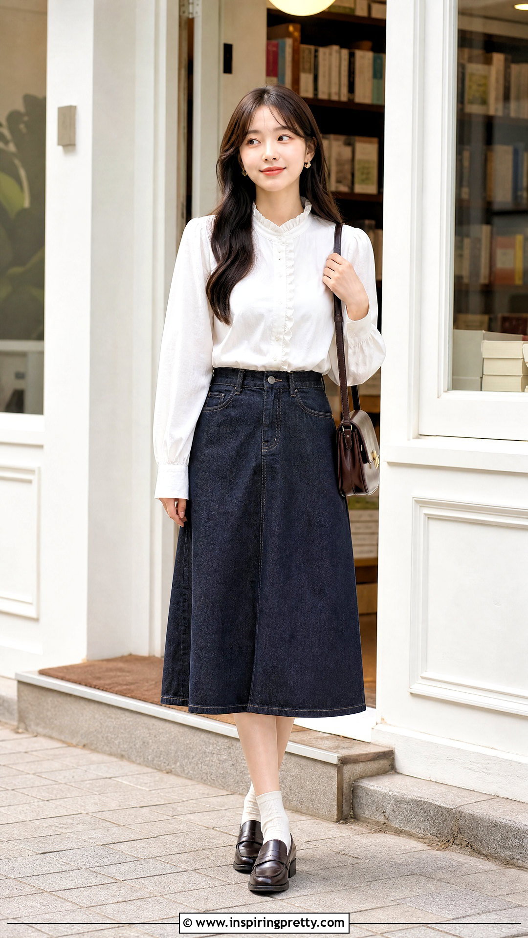Korean Ruffle Collar Top With Denim Skirt - 50 korean tops designs