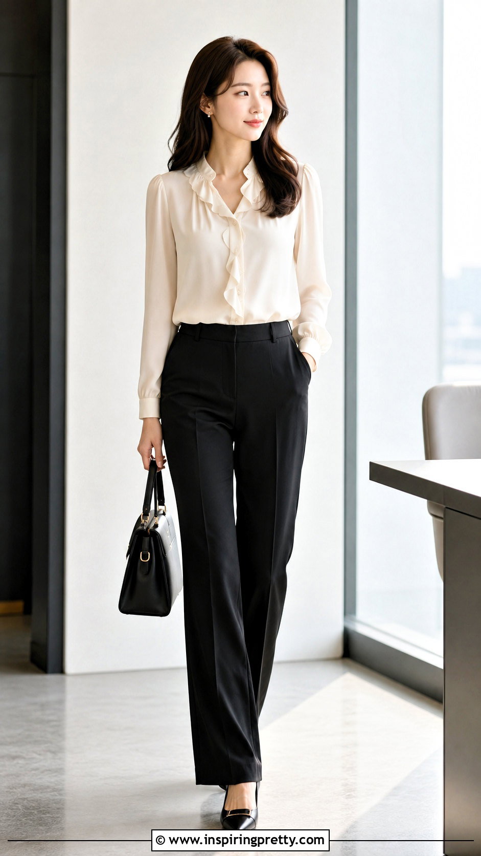 Korean Ruffled Blouse And Black Slacks Outfit - 50 korean tops outfits