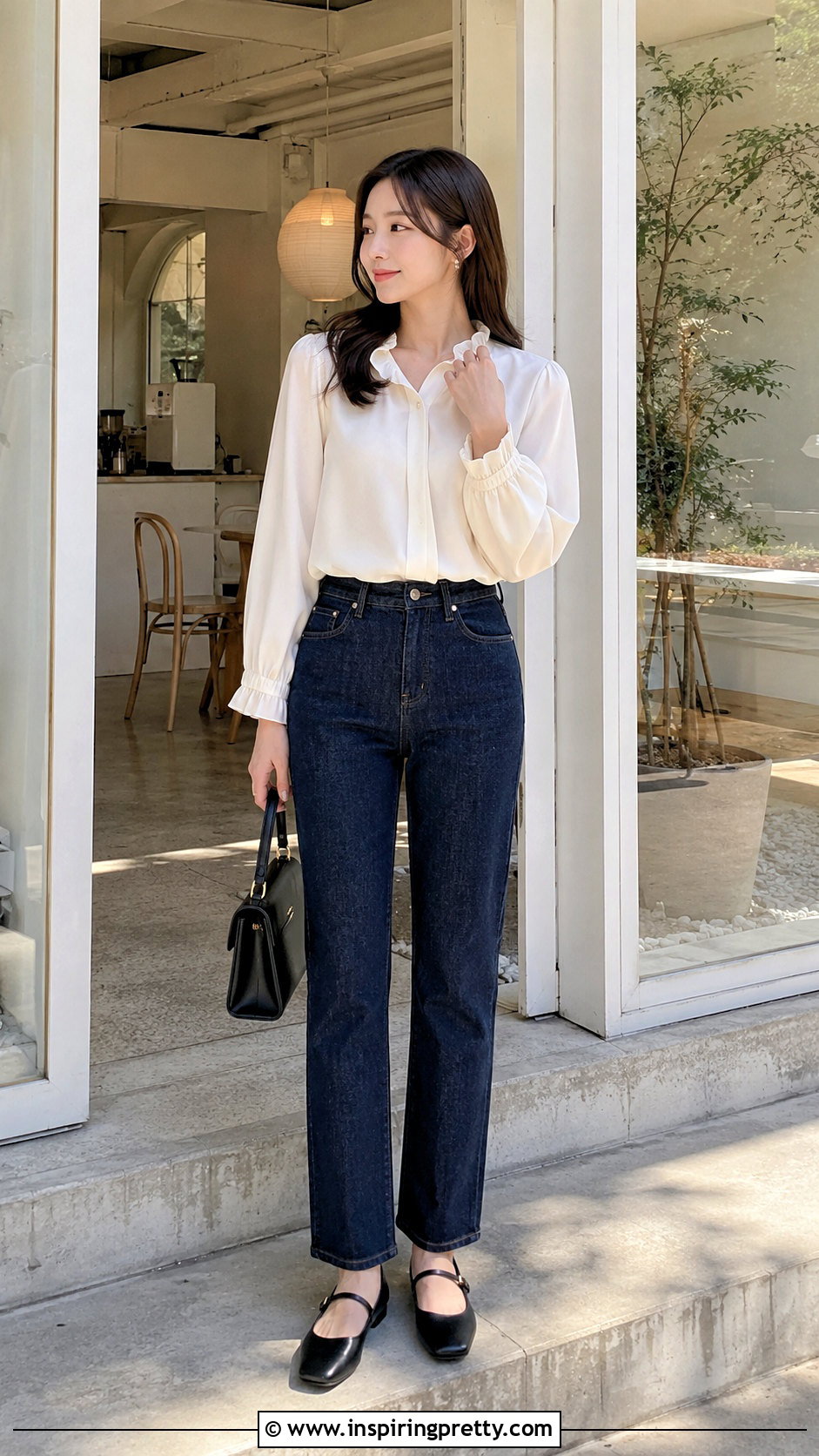 Korean Ruffled Blouse And Straight Jeans Outfit - 50 korean fashion top outfit ideas