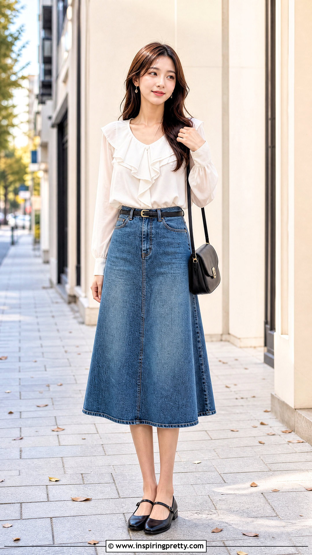 Korean Ruffled Blouse With Denim Skirt - 50 korean tops outfit ideas