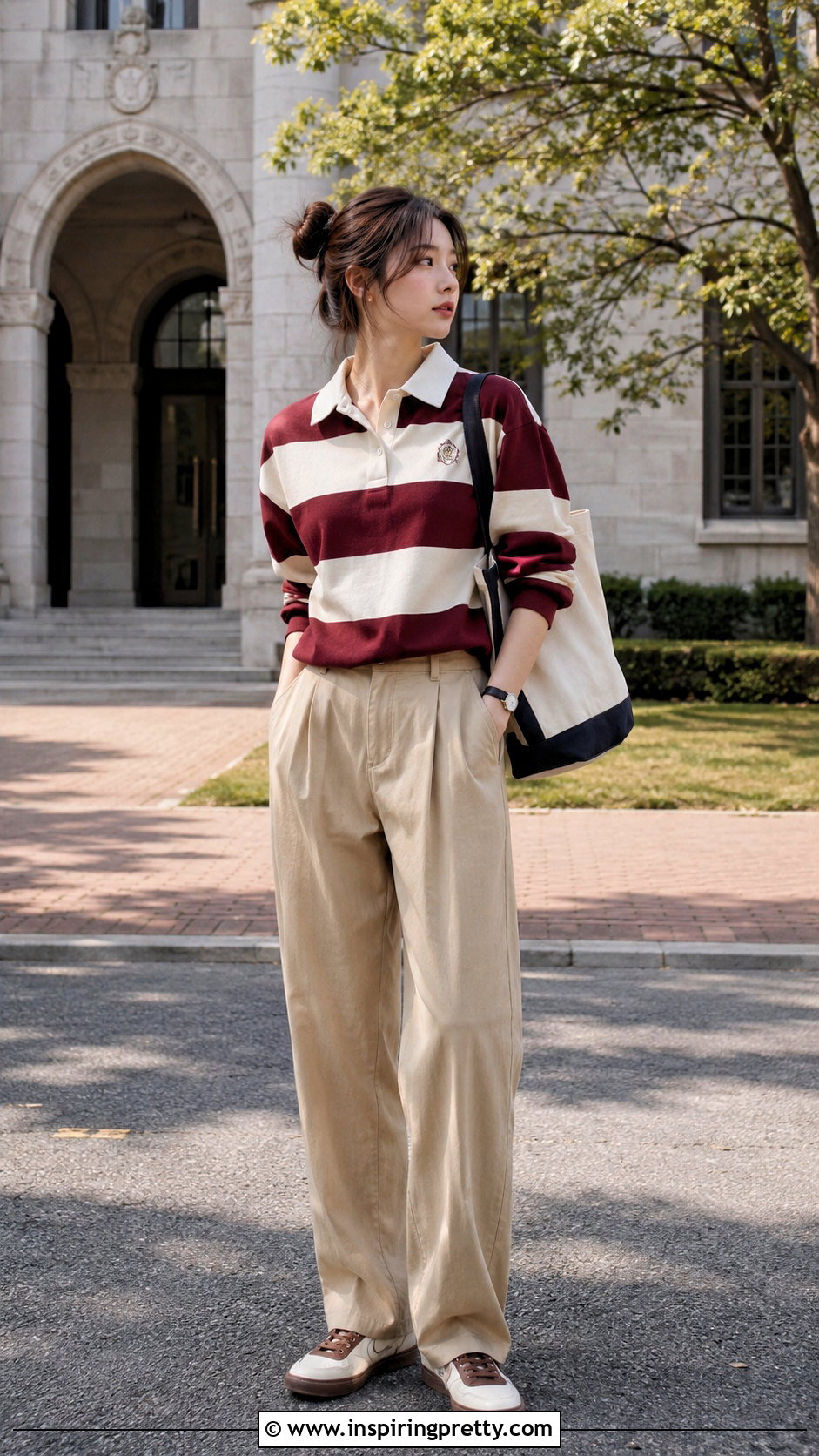 Korean Rugby Shirt And Pleated Pants Outfit - 50 korean fashion top outfit ideas