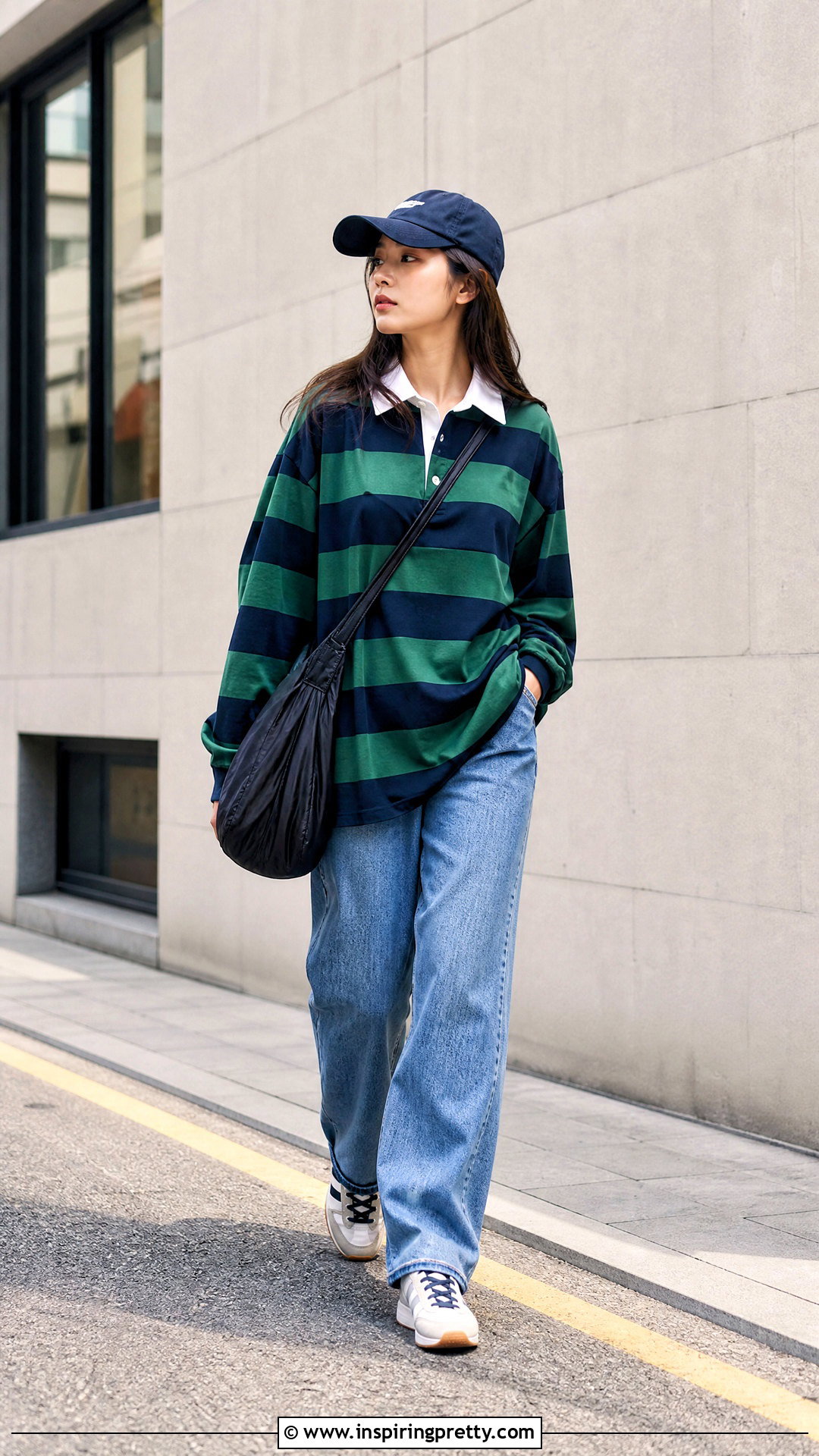 Korean Rugby Shirt With Baggy Jeans - 50 korean tops outfit ideas