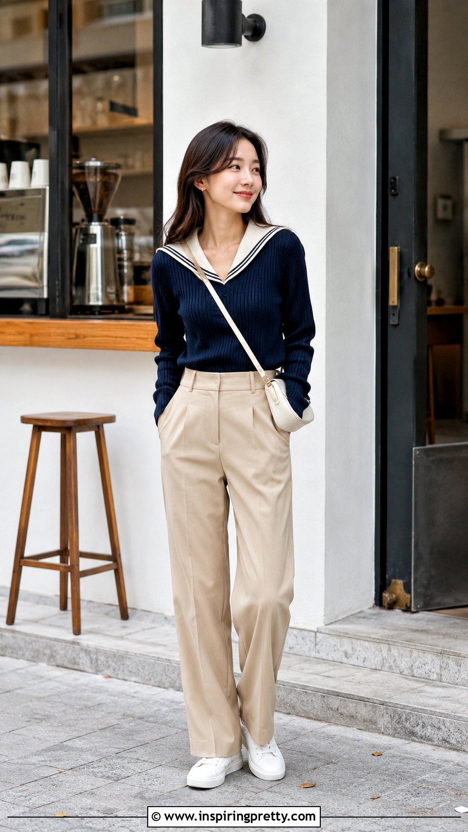Korean Sailor Collar Top And Straight Pants Outfit - 50 korean tops outfits