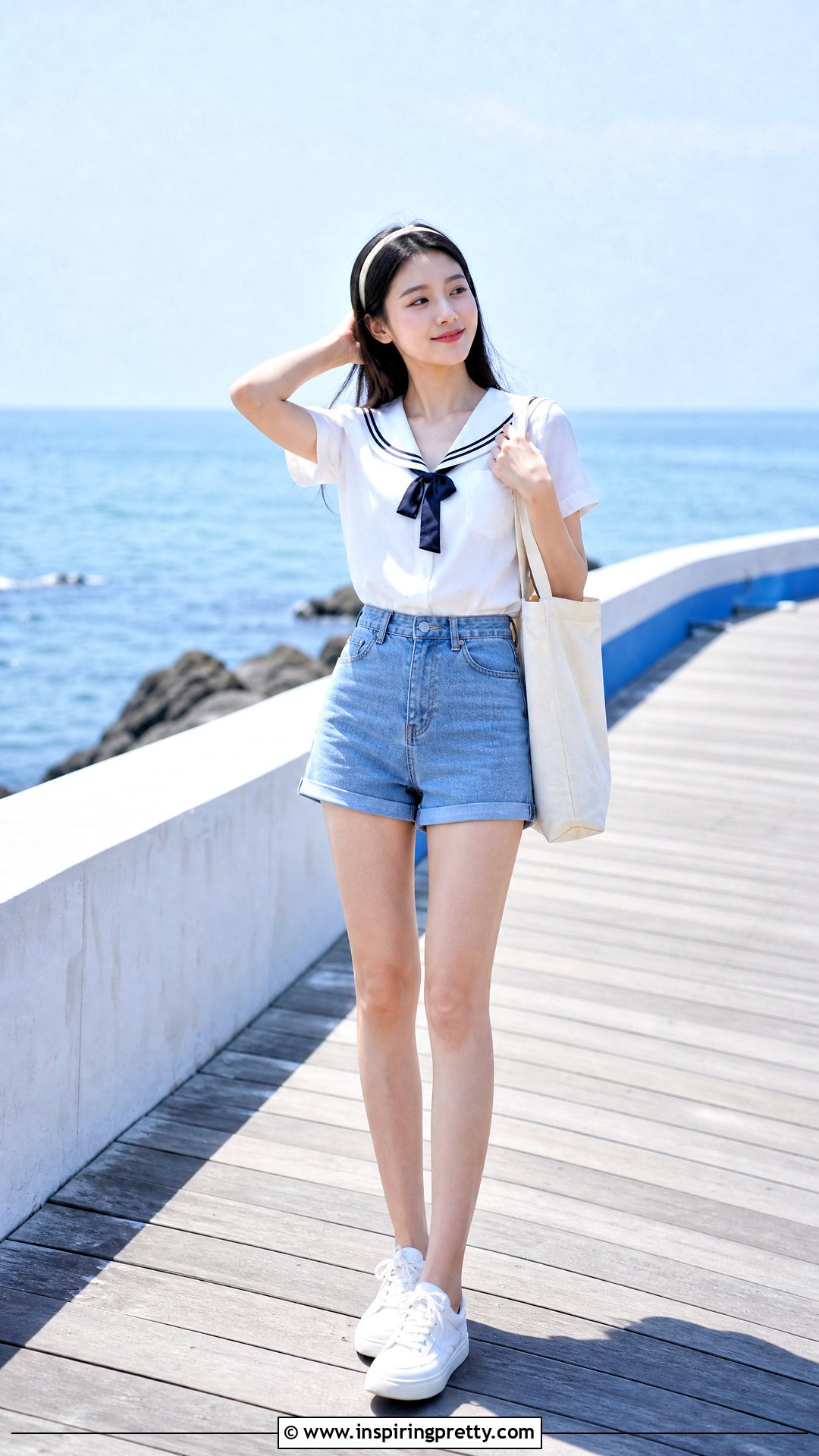 Korean Sailor Collar Top With Denim Shorts - 50 korean tops designs
