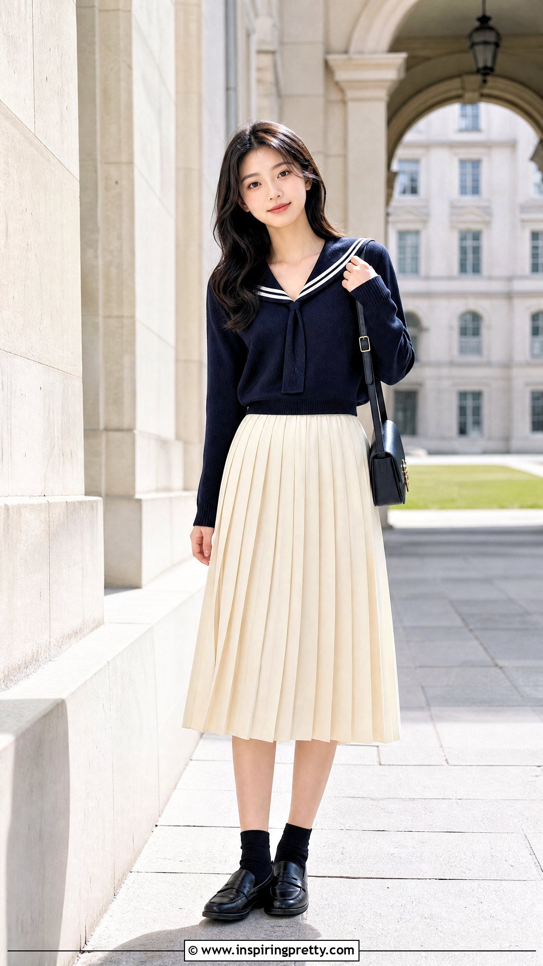 Korean Sailor Collar Top With Pleated Skirt - 50 korean tops outfit ideas
