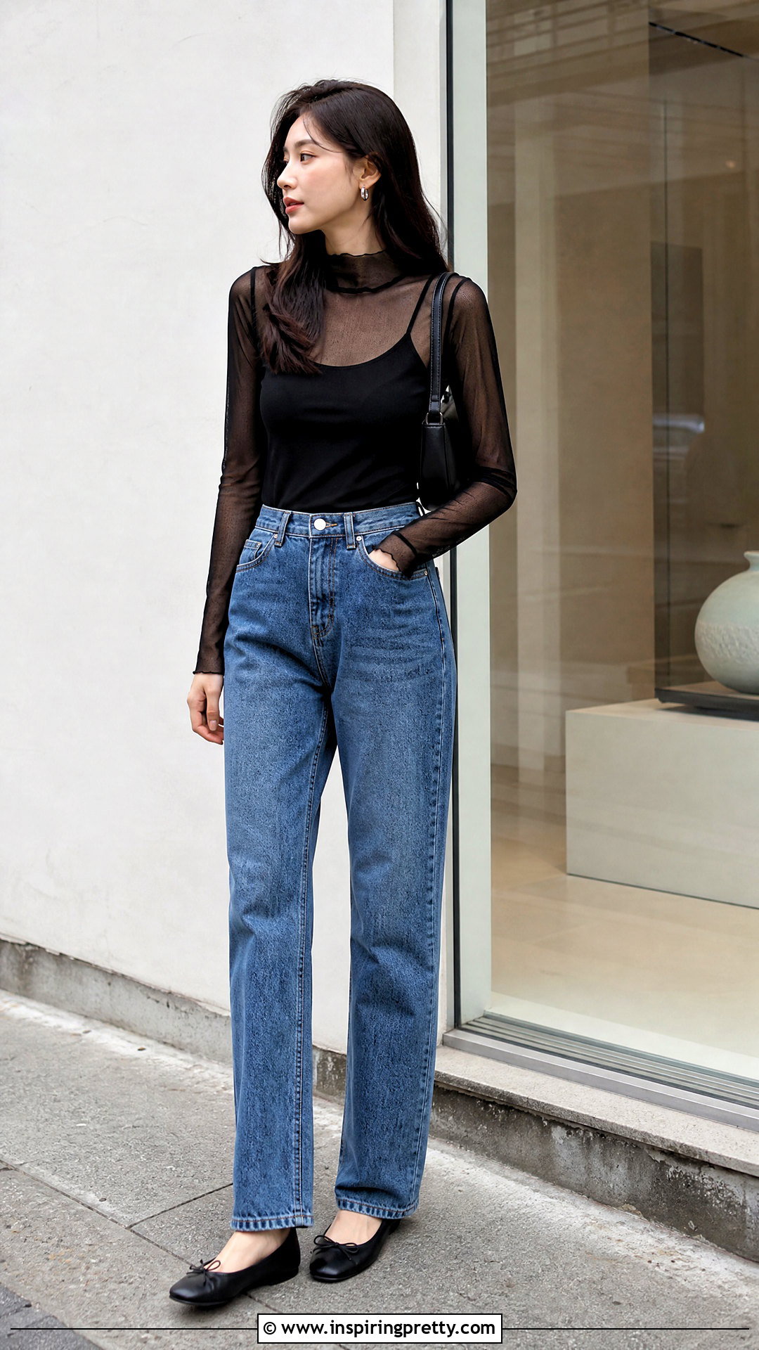 Korean Sheer Top With Camisole And Jeans - 50 korean tops outfit ideas