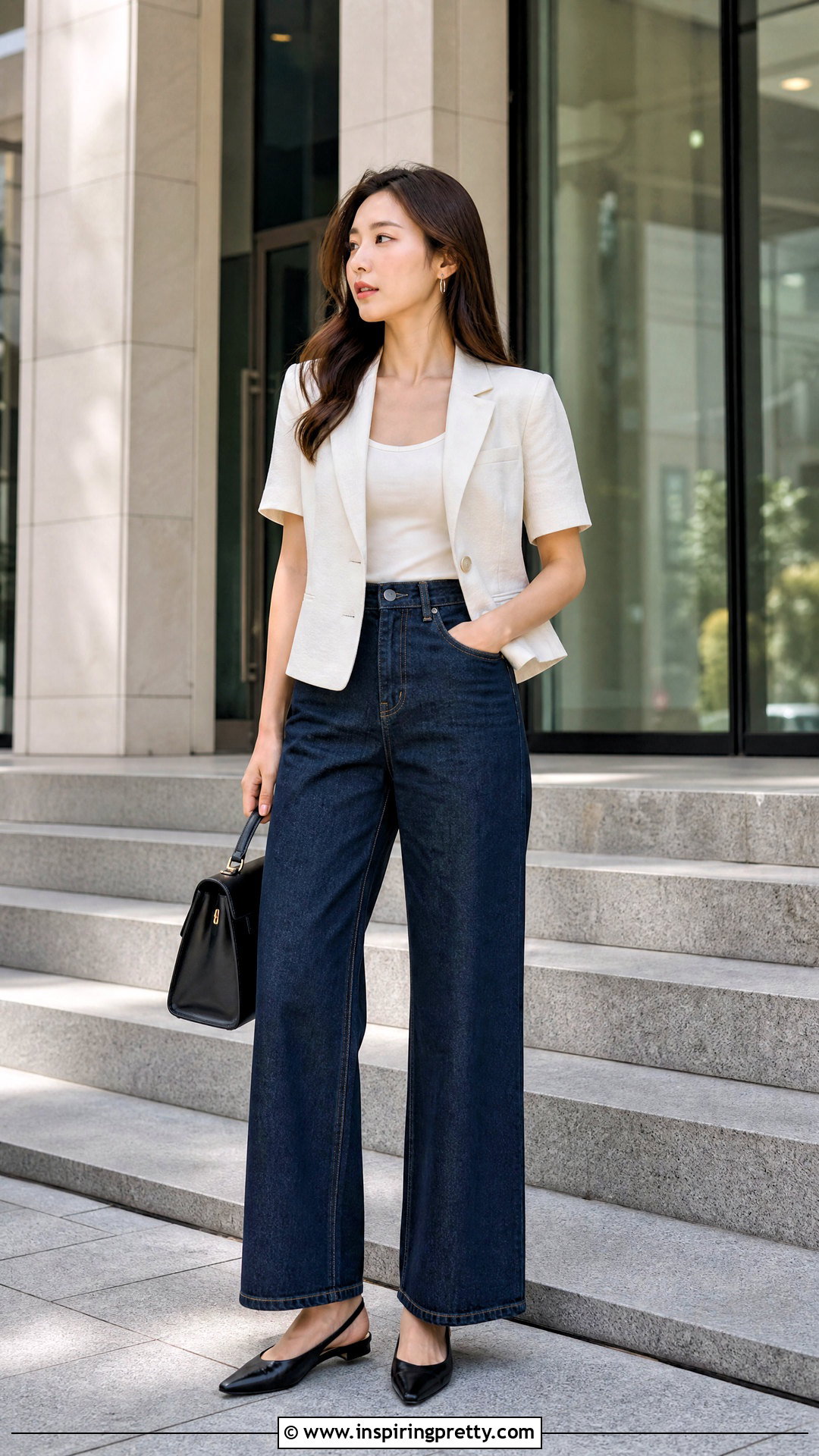 Korean Short Sleeve Blazer Top With Jeans - 50 cute korean tops outfit ideas