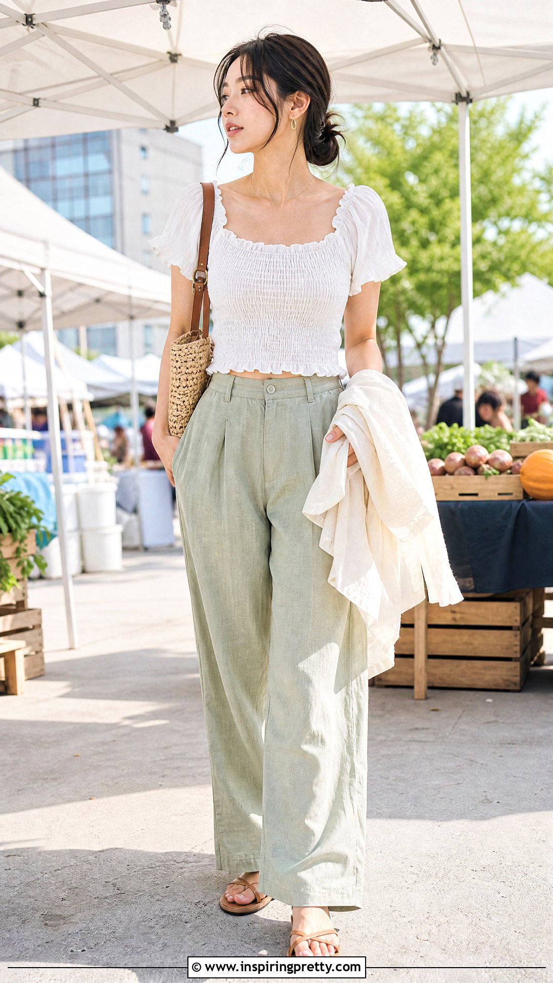 Korean Smocked Top With Linen Pants - 50 cute korean tops outfit ideas