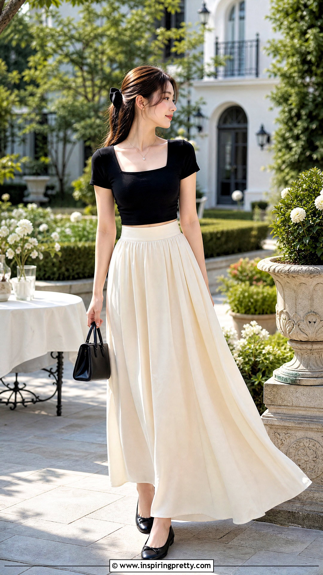 Korean Square Neck Crop Top With Maxi Skirt - 50 korean crop top outfit ideas
