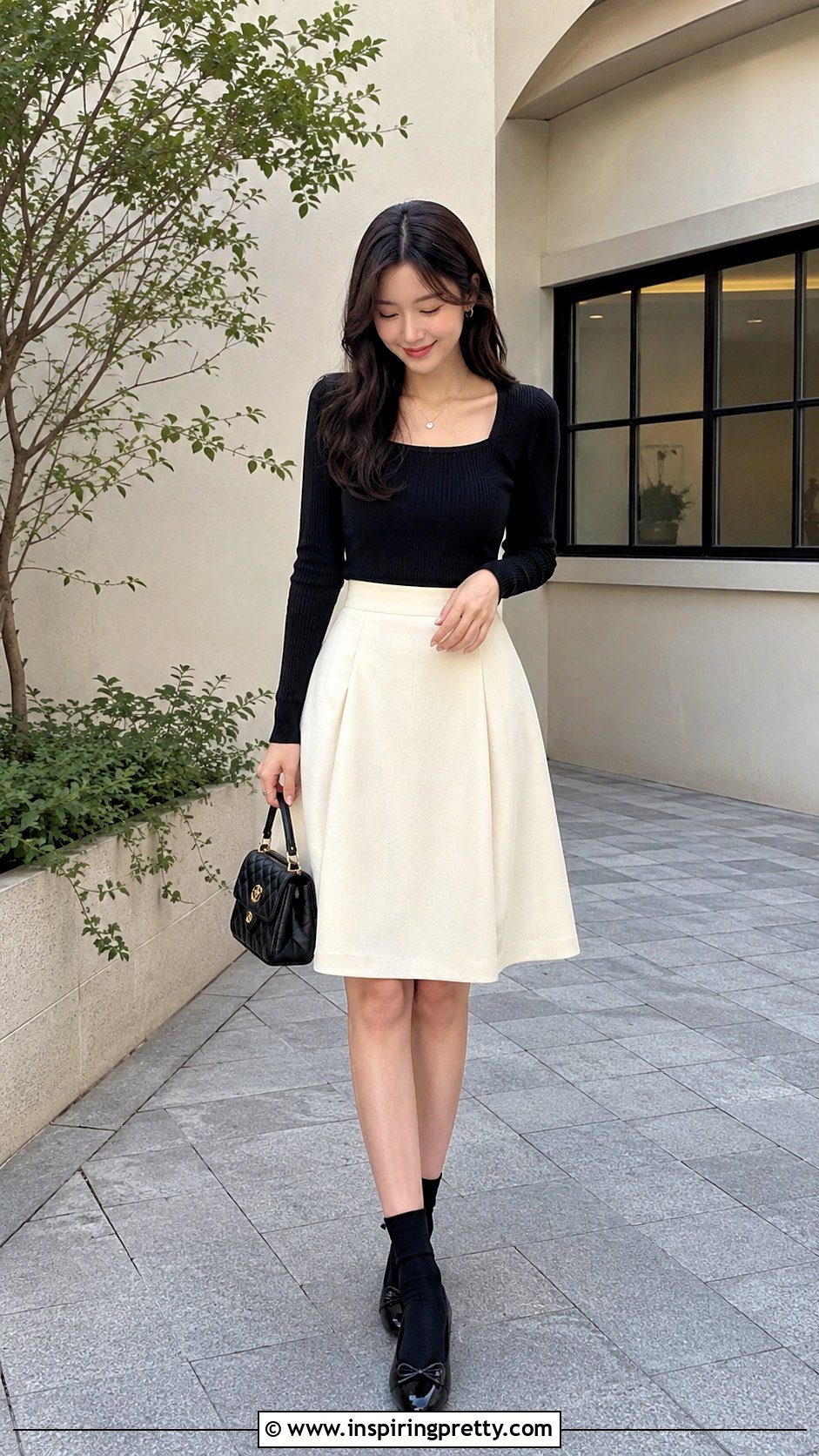 Korean Square Neck Top And A Line Skirt Outfit - 50 korean tops outfits