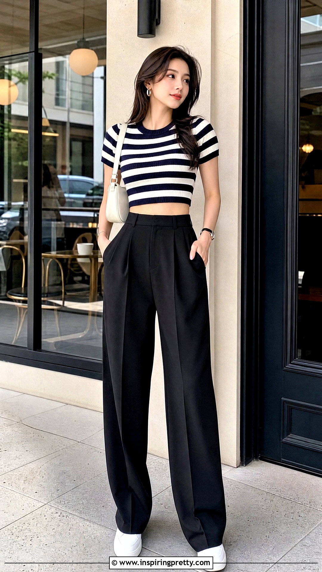 Korean Striped Crop Top With Black Trousers - 50 korean crop top outfit ideas
