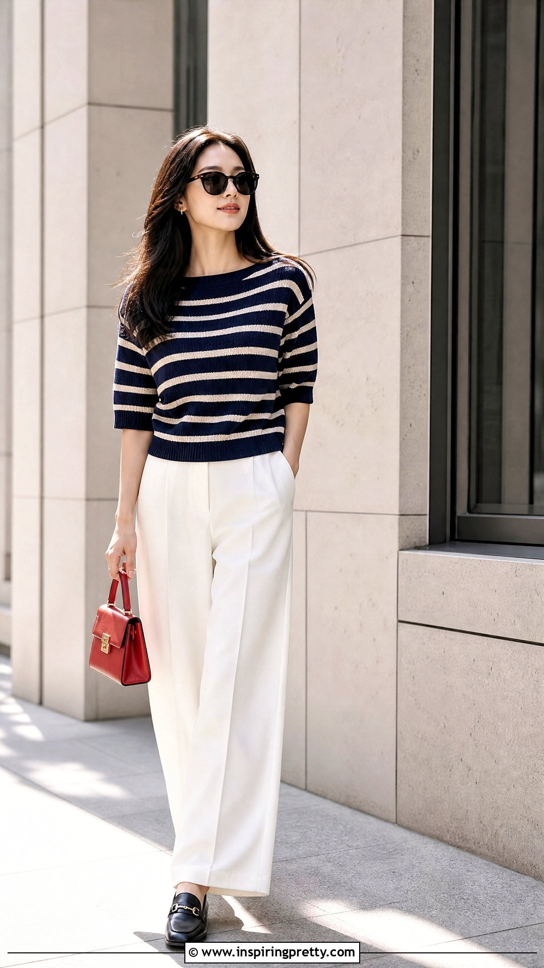 Korean Striped Knit Top With White Pants - 50 korean tops outfit ideas