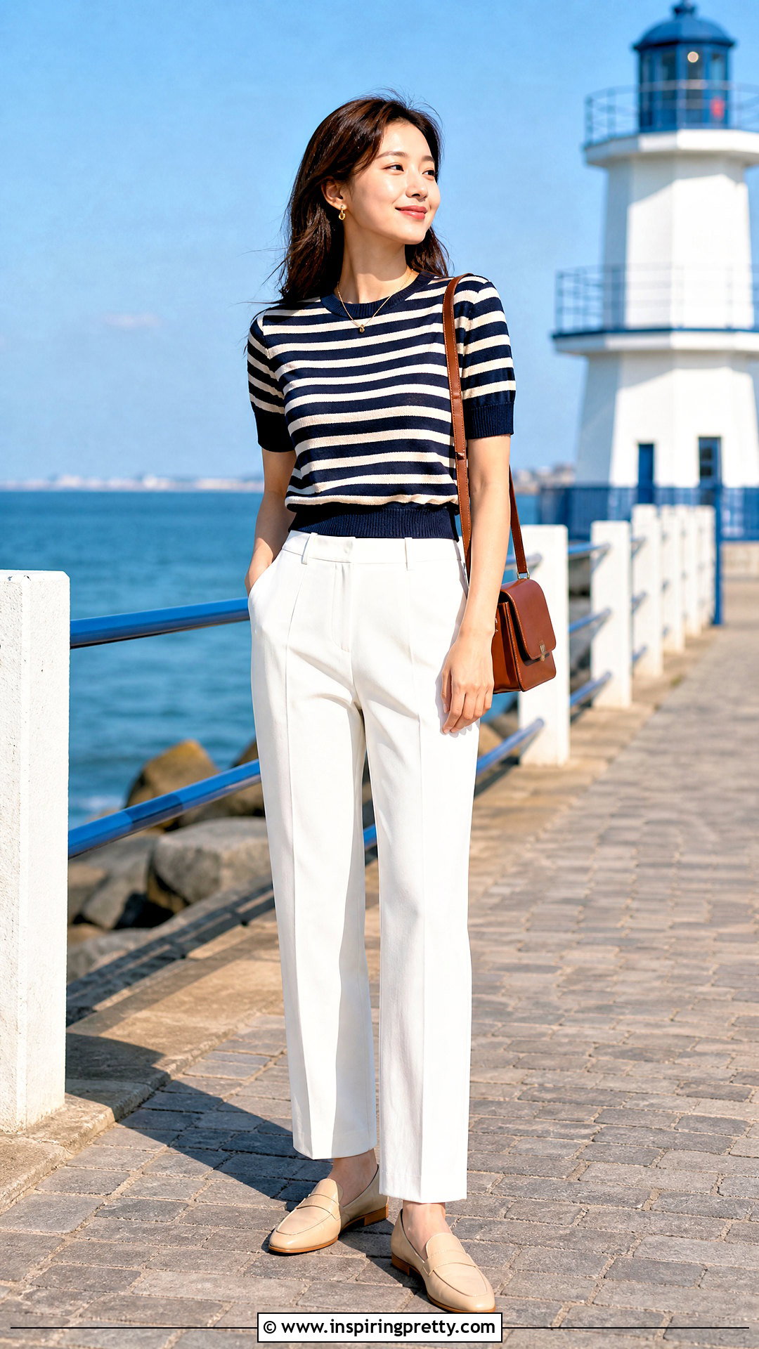 Korean Striped Knit Top With White Pants - 50 cute korean tops outfit ideas