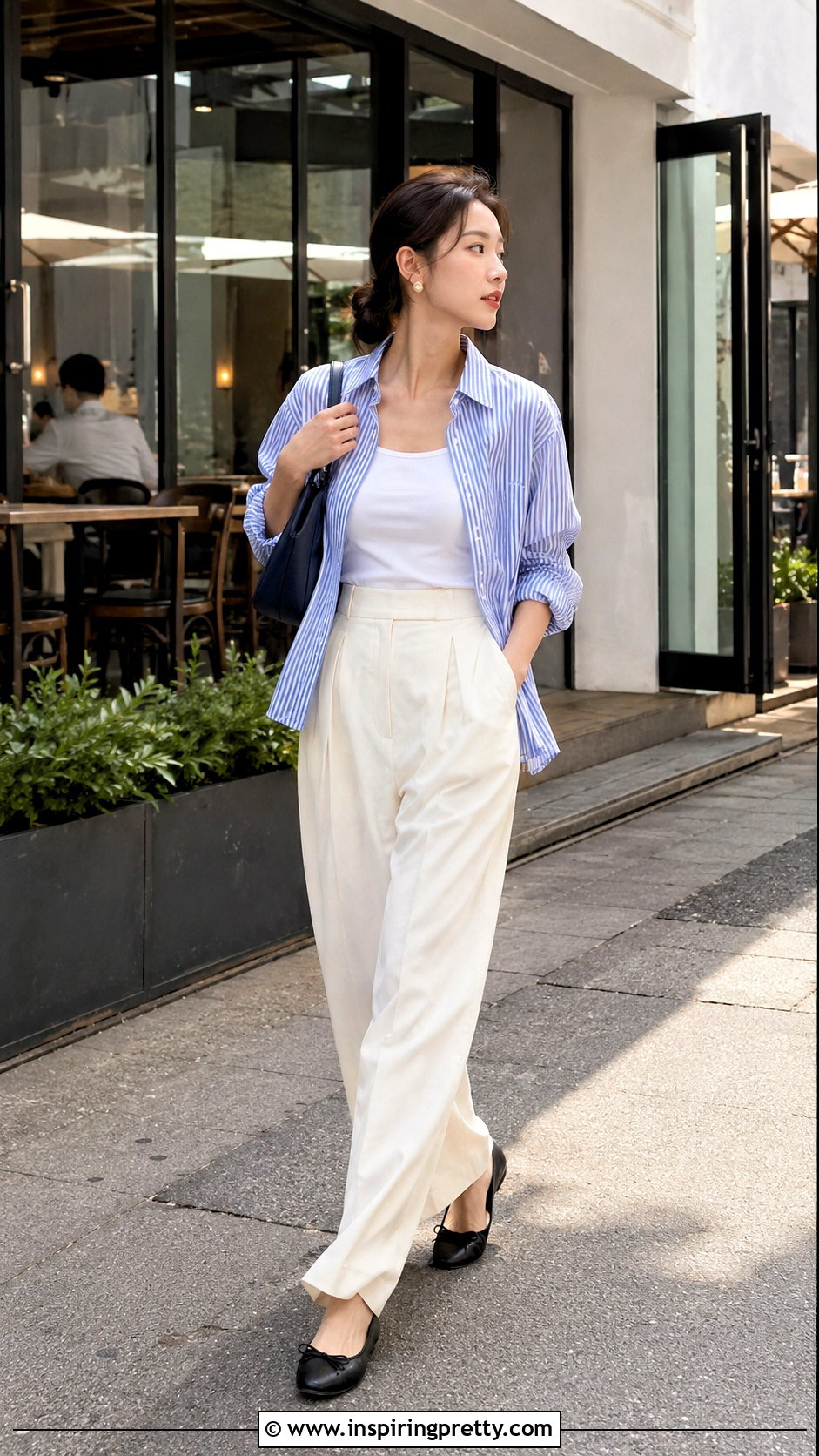 Korean Striped Shirt And White Pants Outfit - 50 korean fashion top outfit ideas