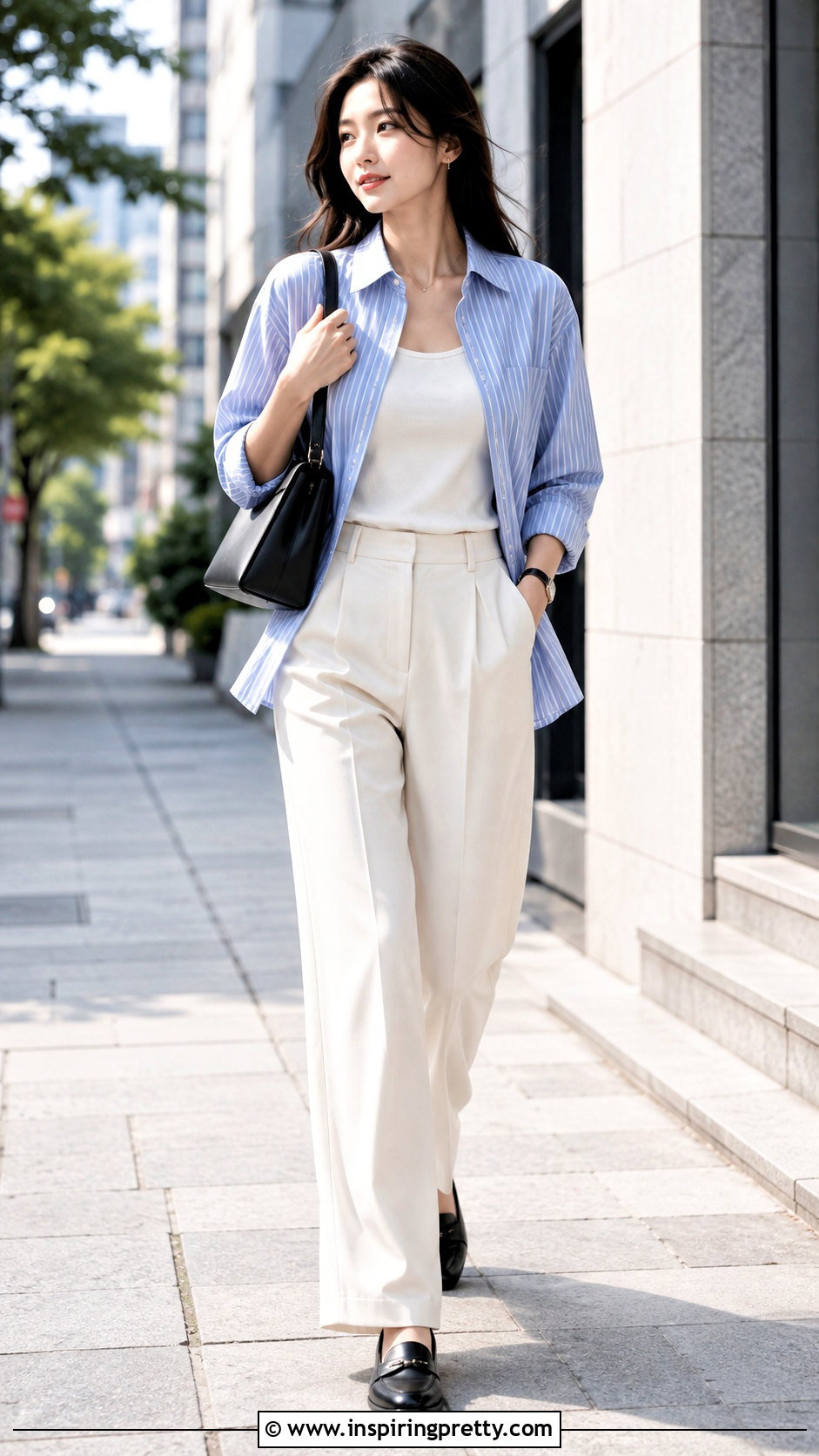 Korean Striped Shirt And White Trousers Outfit - 50 korean tops outfits