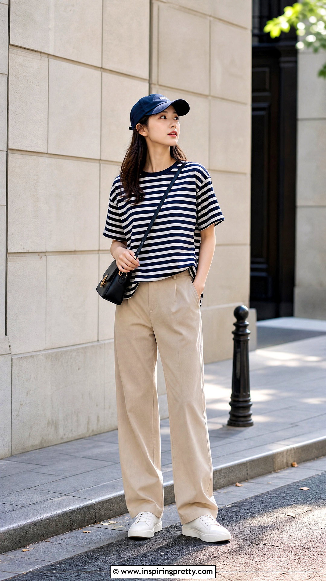 Korean Striped T Shirt With Beige Trousers - 50 korean tops designs