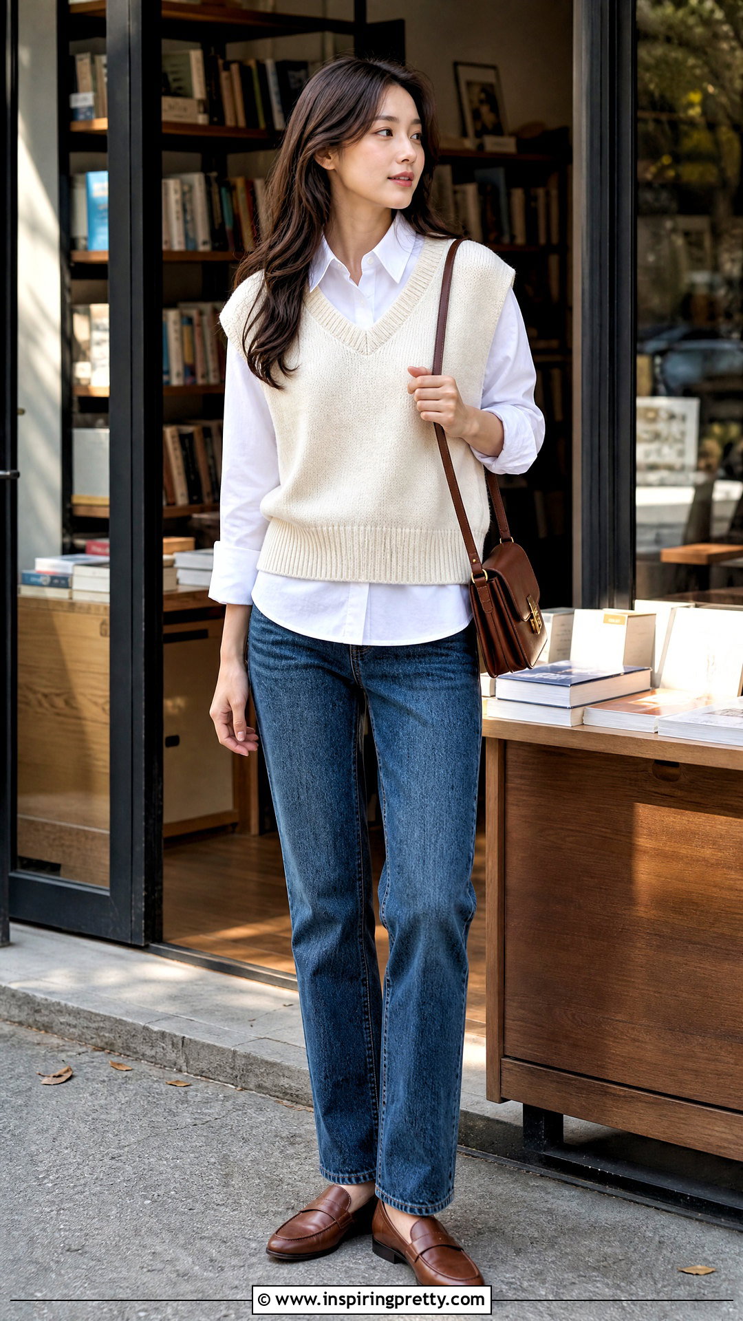 Korean Sweater Vest With Collared Shirt And Jeans - 50 korean tops outfit ideas