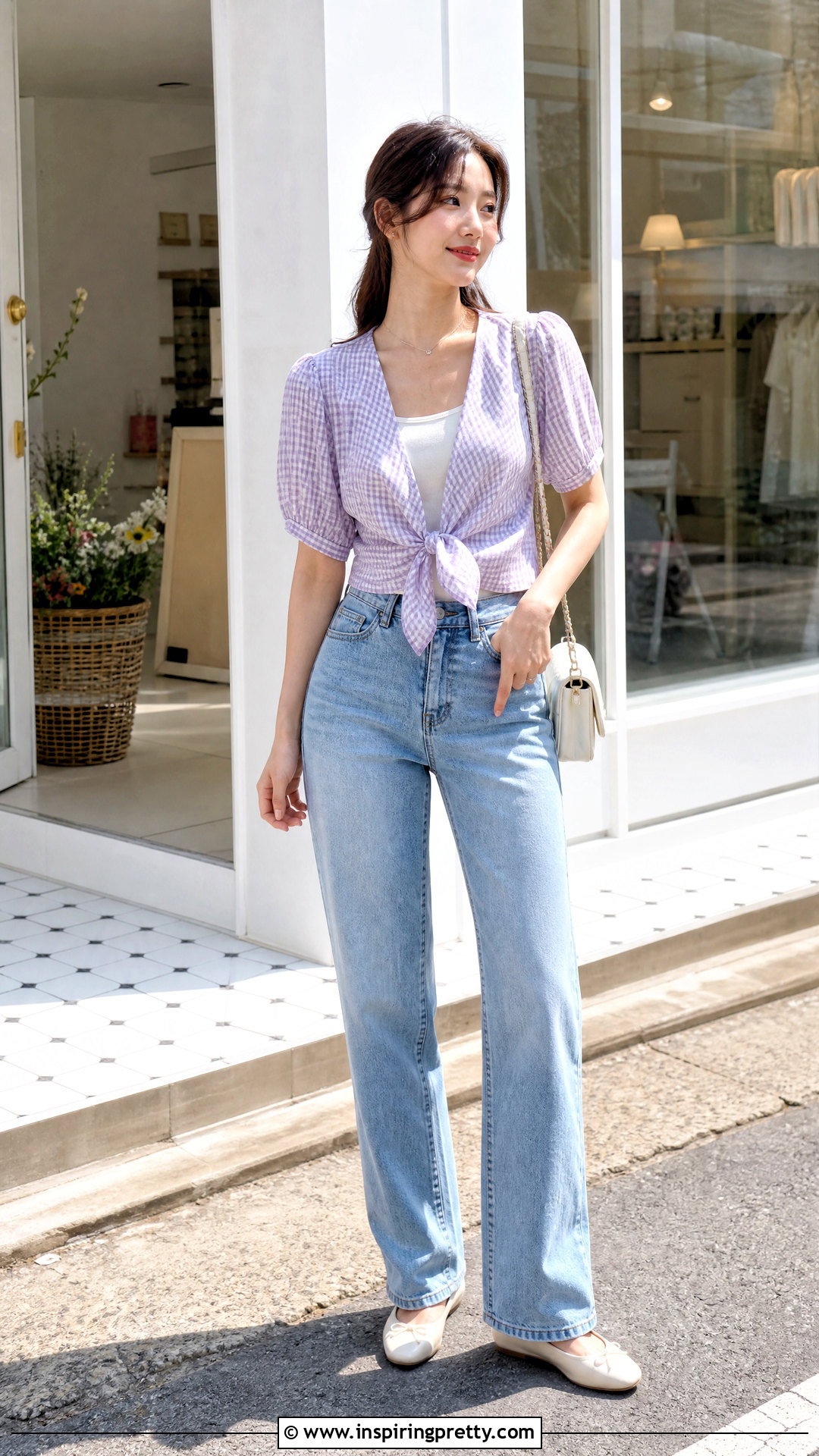 Korean Tie Front Blouse With High Waisted Jeans - 50 cute korean tops outfit ideas