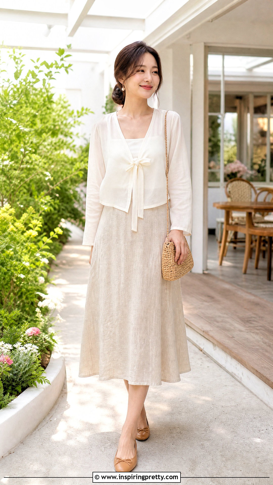 Korean Tie Front Blouse With Linen Skirt - 50 korean tops outfit ideas