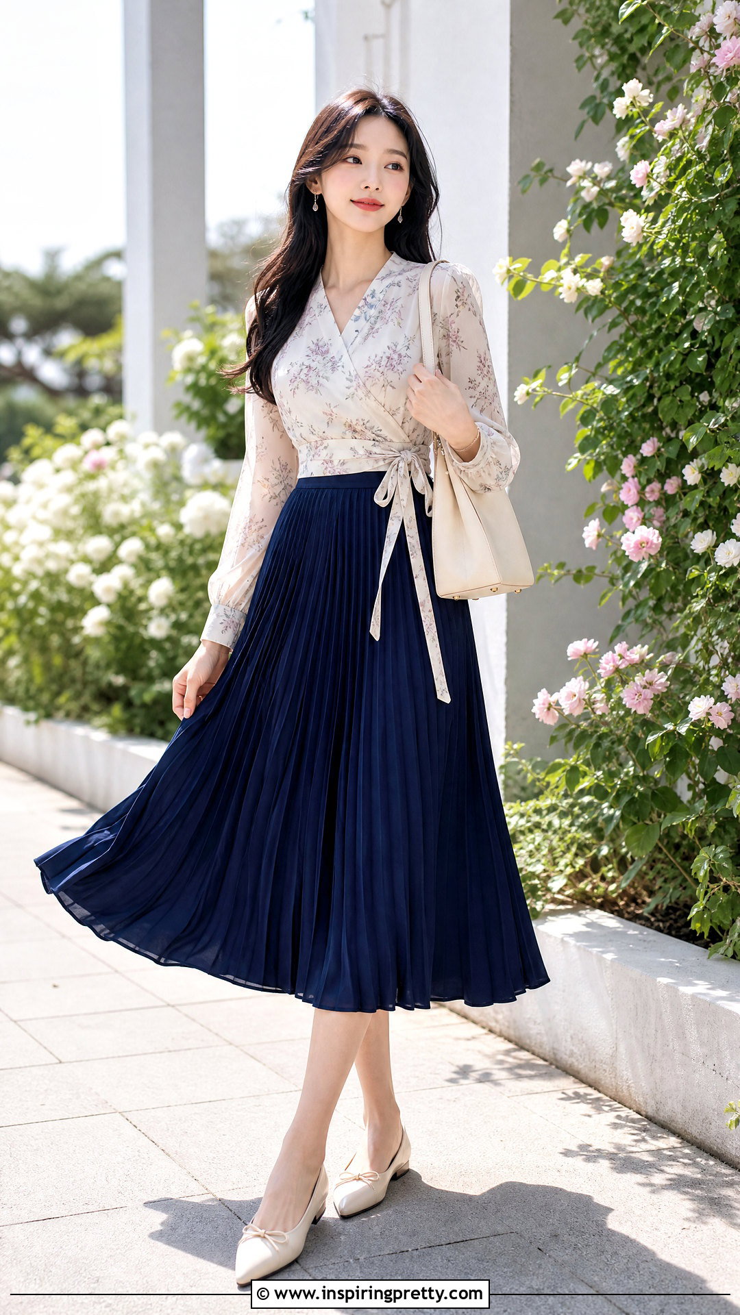 Korean Wrap Top With Midi Skirt - 50 cute korean tops outfit ideas