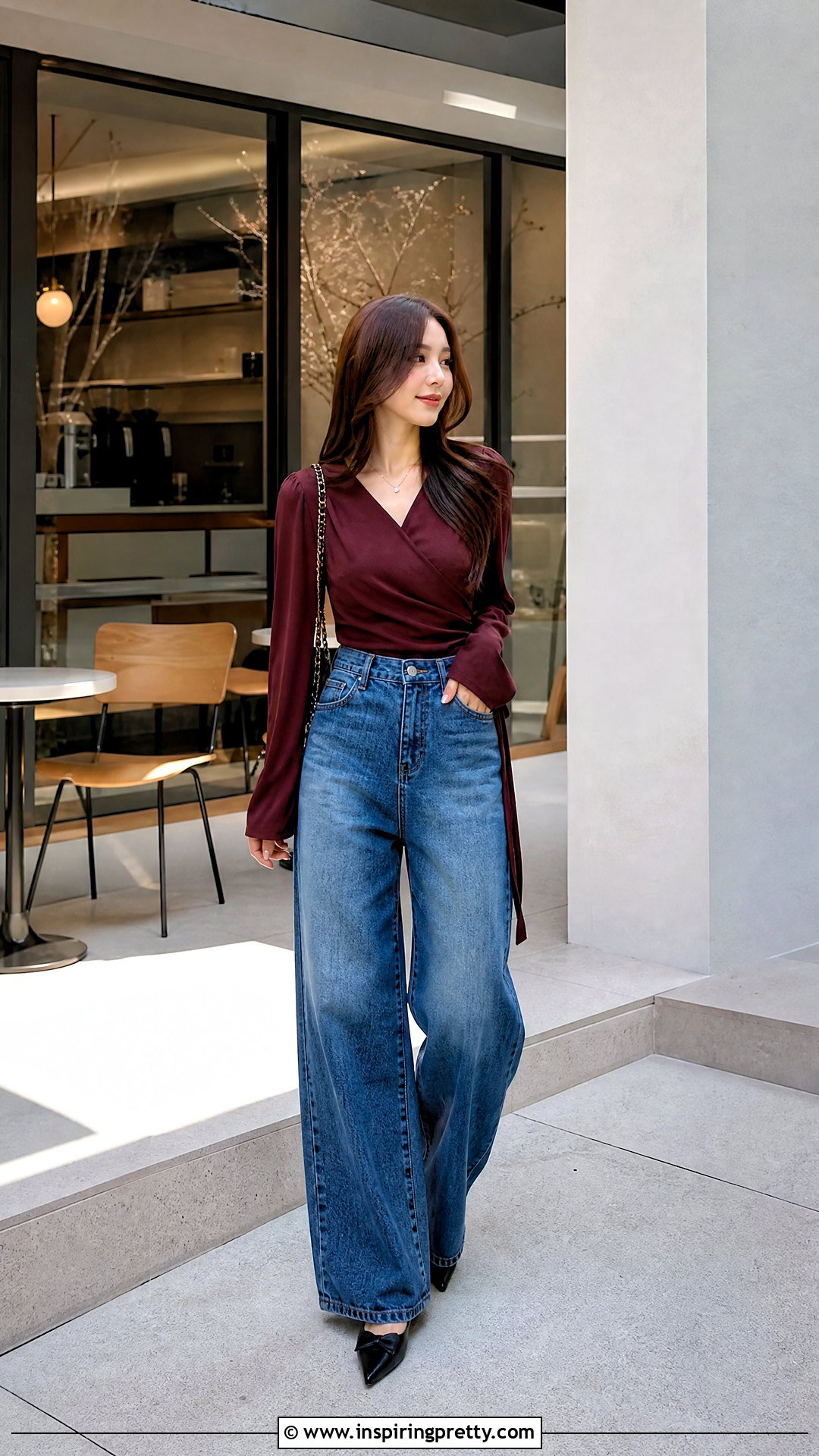 Korean Wrap Top With Wide Leg Jeans - 50 korean tops outfit ideas