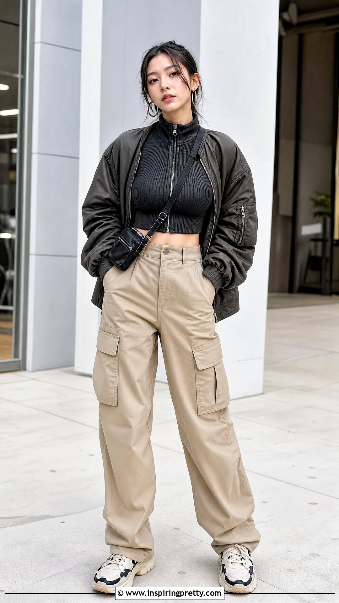 Korean Zip Up Crop Top With Cargo Pants - 50 korean crop top outfit ideas