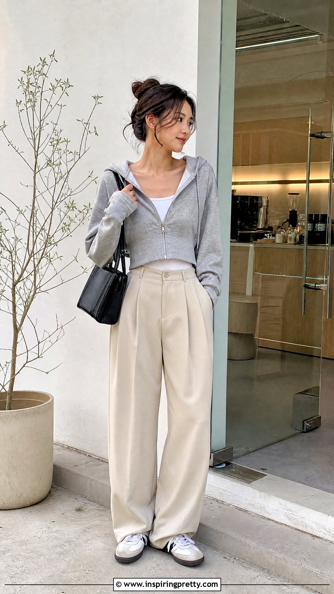 Korean Zip Up Hoodie With Pleated Pants - 50 korean tops outfit ideas