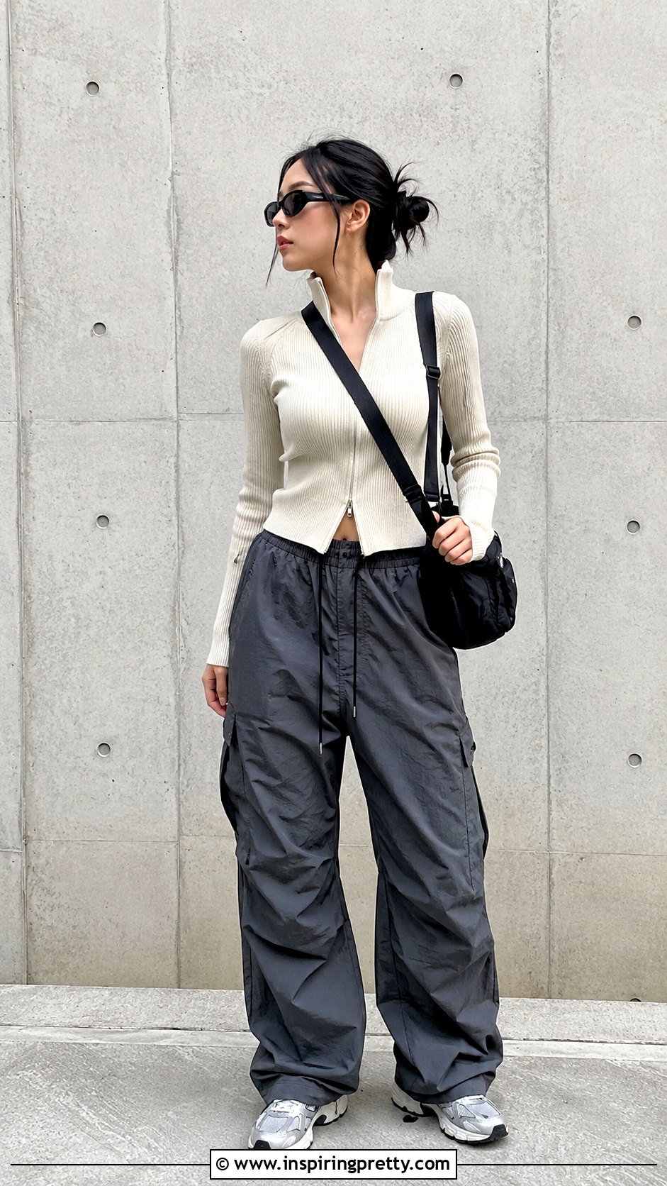 Korean Zip Up Sweater And Parachute Pants Outfit - 50 korean tops outfits
