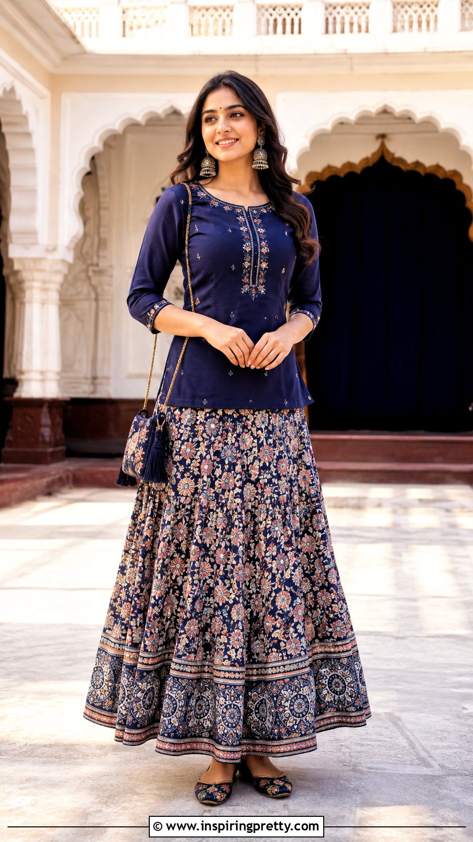 Kurti With Flowing Maxi Skirt - 50 kurti tops outfit ideas