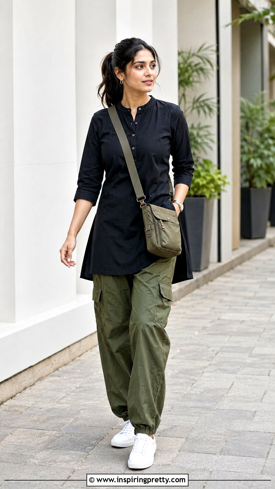 Kurti With Relaxed Cargo Pants - 50 kurti tops outfit ideas