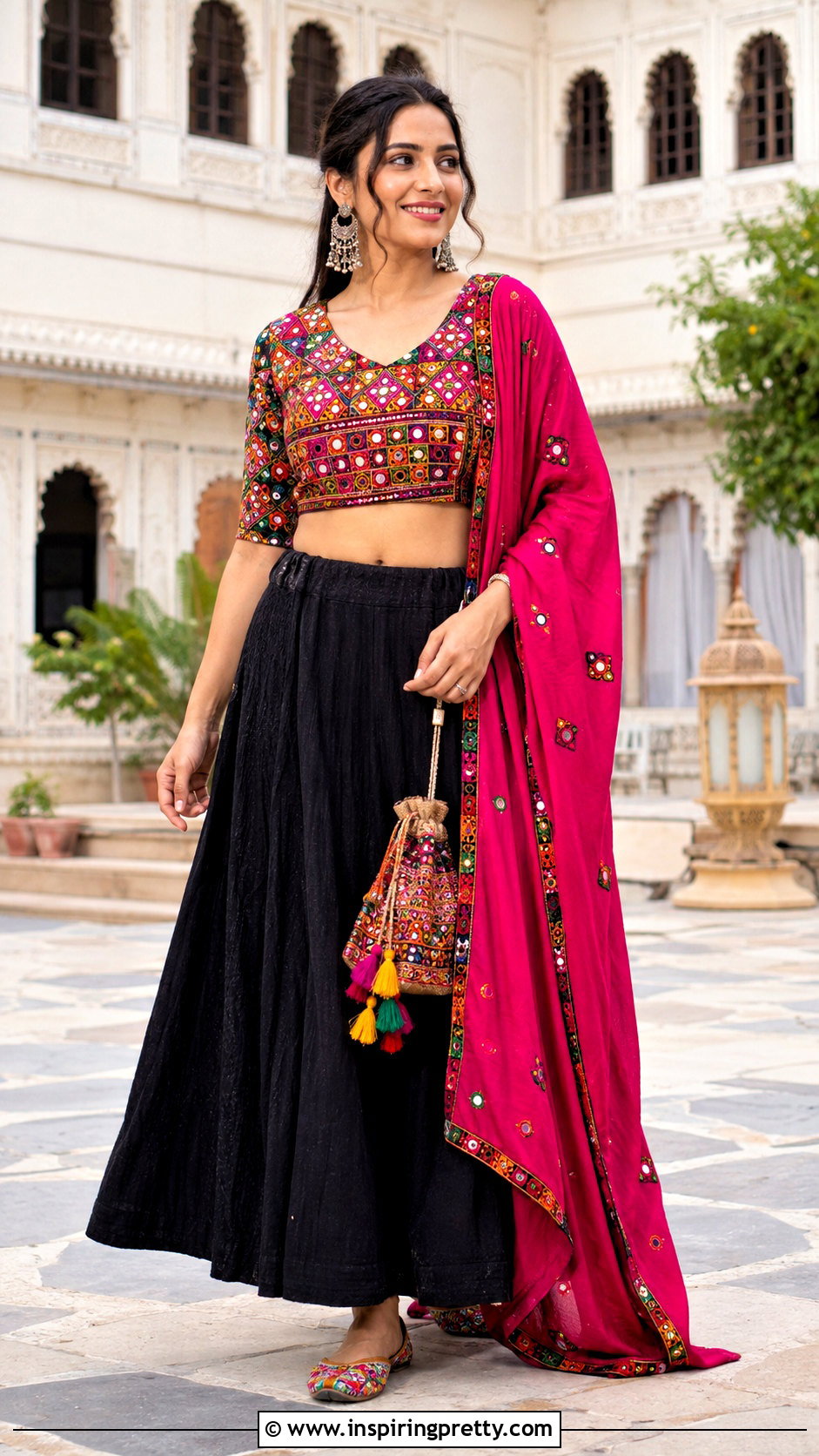 Kutch Embroidery Crop Top With Black Lehenga - 50 traditional crop top designs