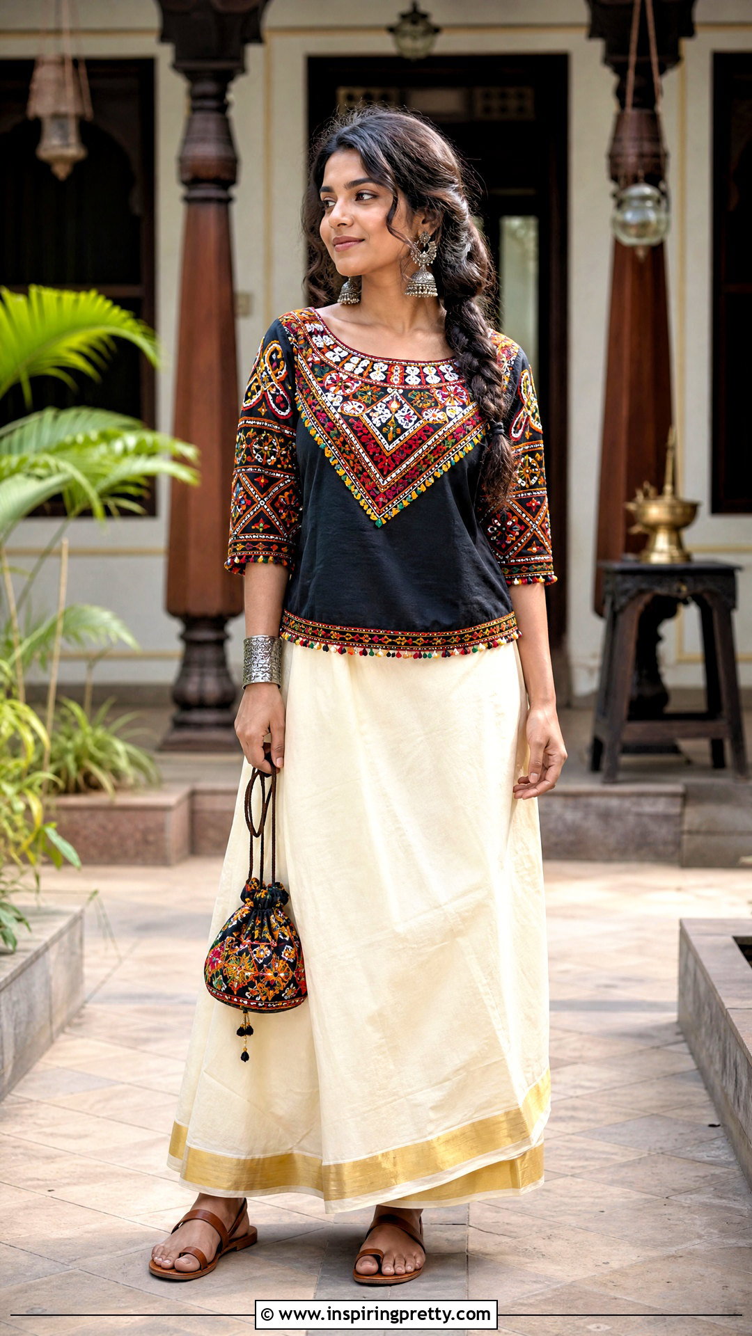 Kutch Embroidery Top And Kasavu Onam Skirt - 50 latest onam skirt and top designs