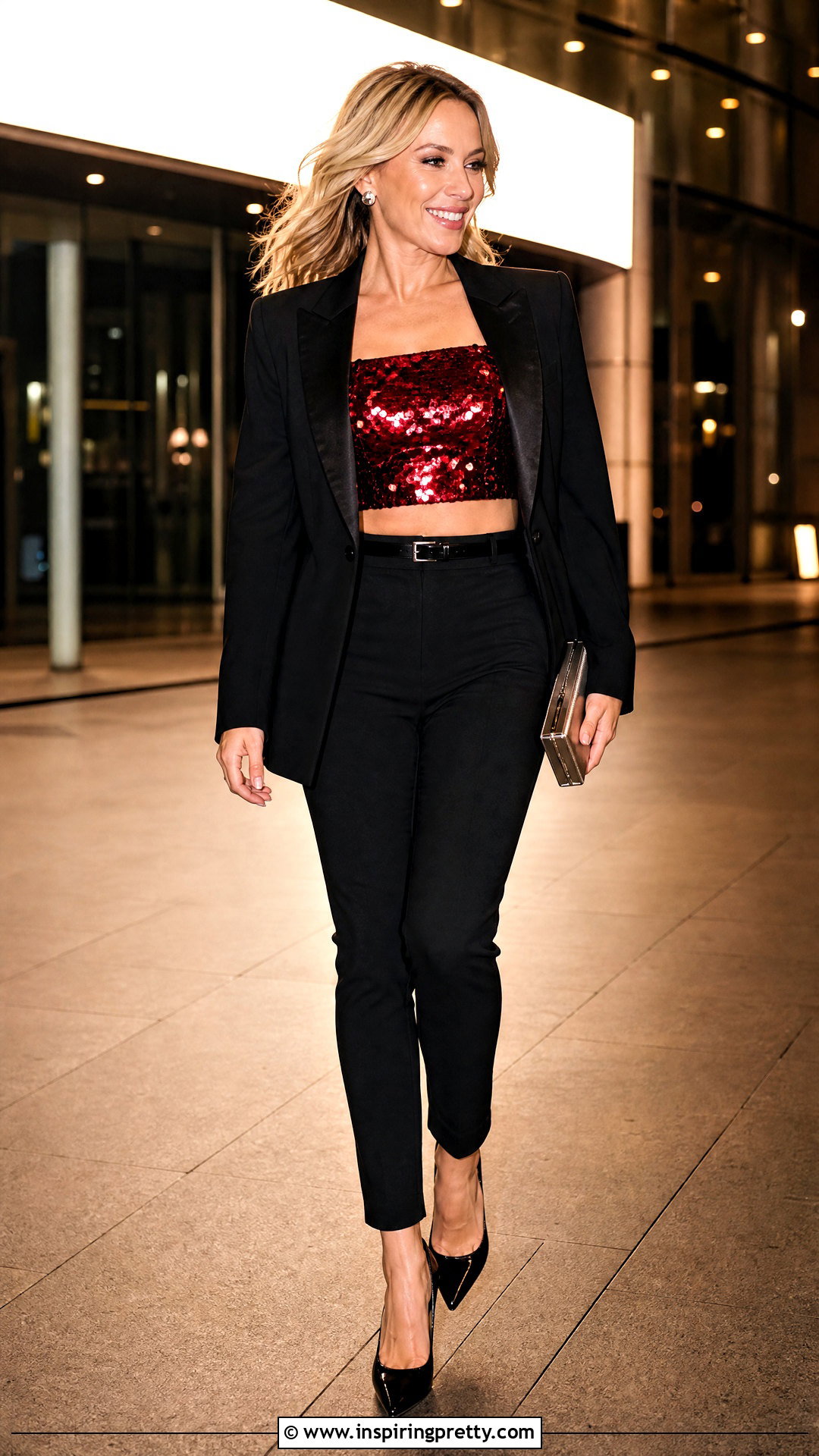Kylie Minogue Red Sequin Crop Top And Black Trousers Outfit - 20 Kylie Minogue Crop Top outfit ideas