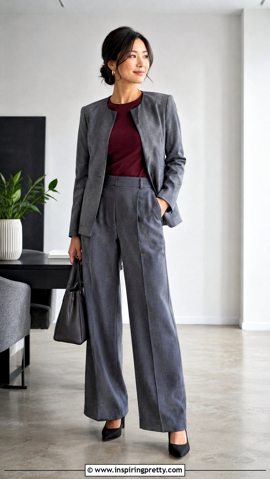 LOFT Maroon Top With Gray Wide Leg Pants - 20 loft maroon top outfit ideas