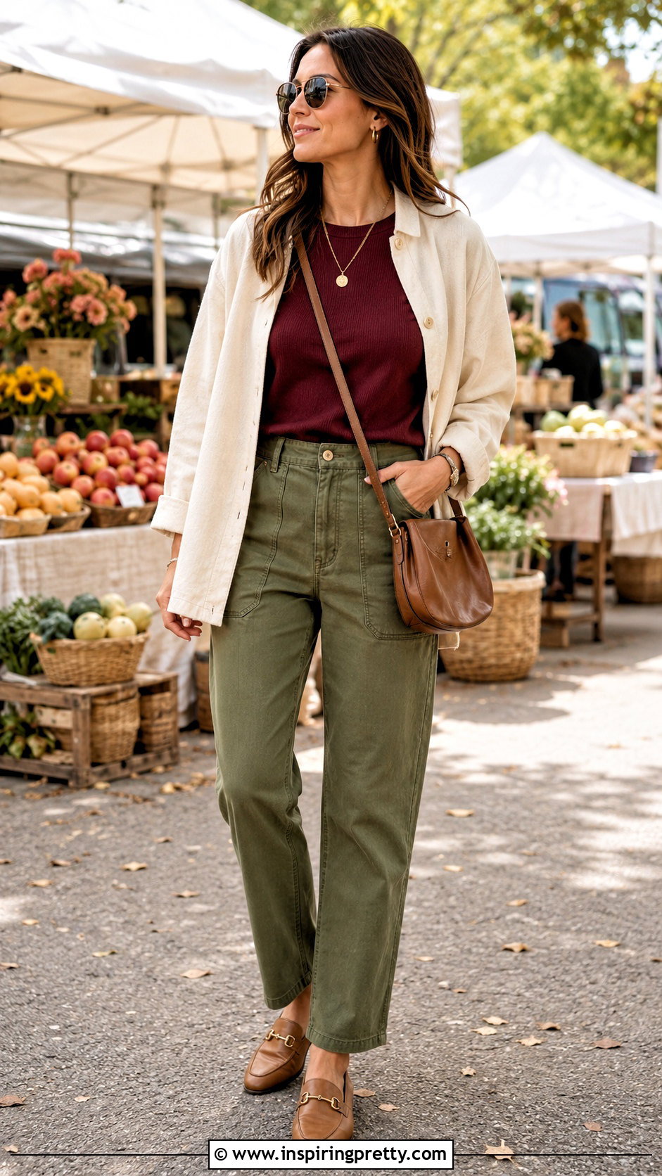 LOFT Maroon Top With Olive Green Pants - 20 loft maroon top outfit ideas