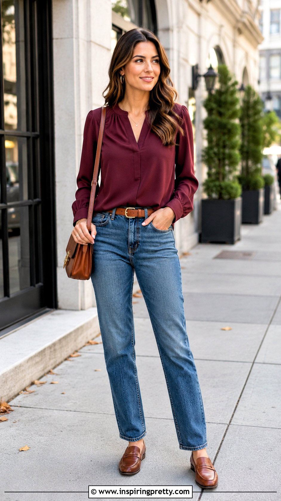 LOFT Maroon Top With Straight Leg Jeans - 20 loft maroon top outfit ideas