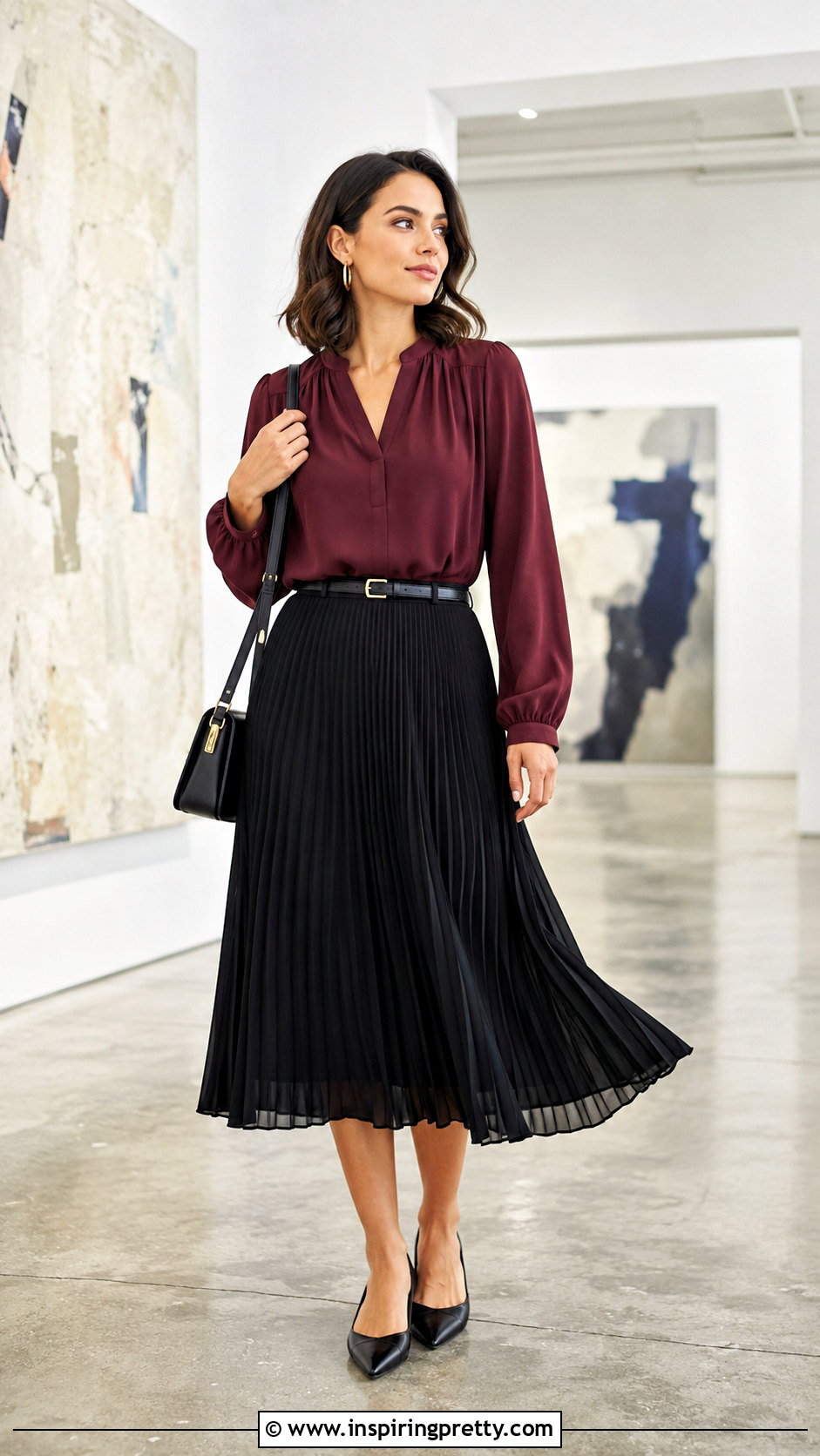 LOFT Maroon Top With a Black Midi Skirt - 20 loft maroon top outfit ideas