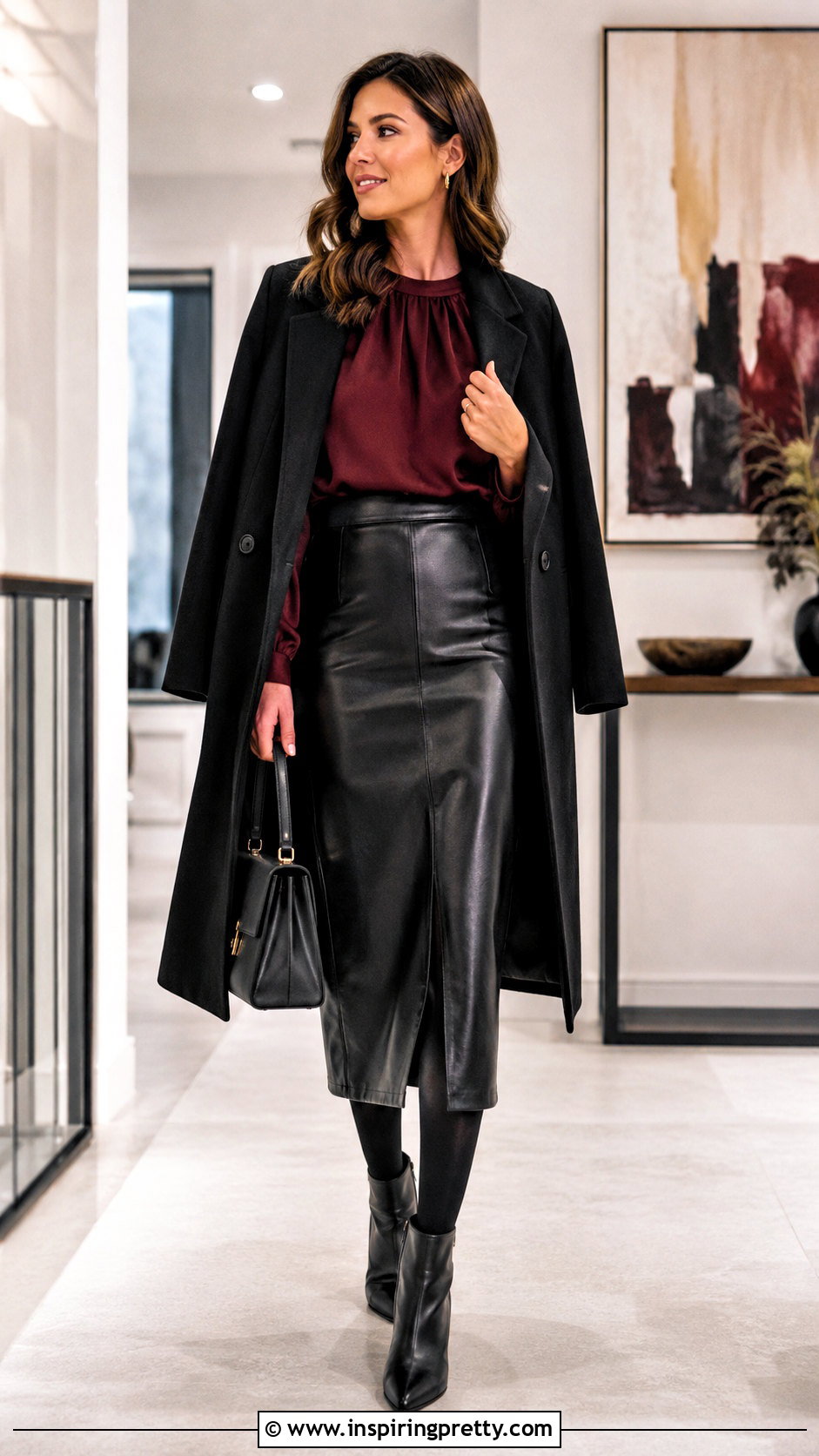 LOFT Maroon Top With a Faux Leather Skirt - 20 loft maroon top outfit ideas