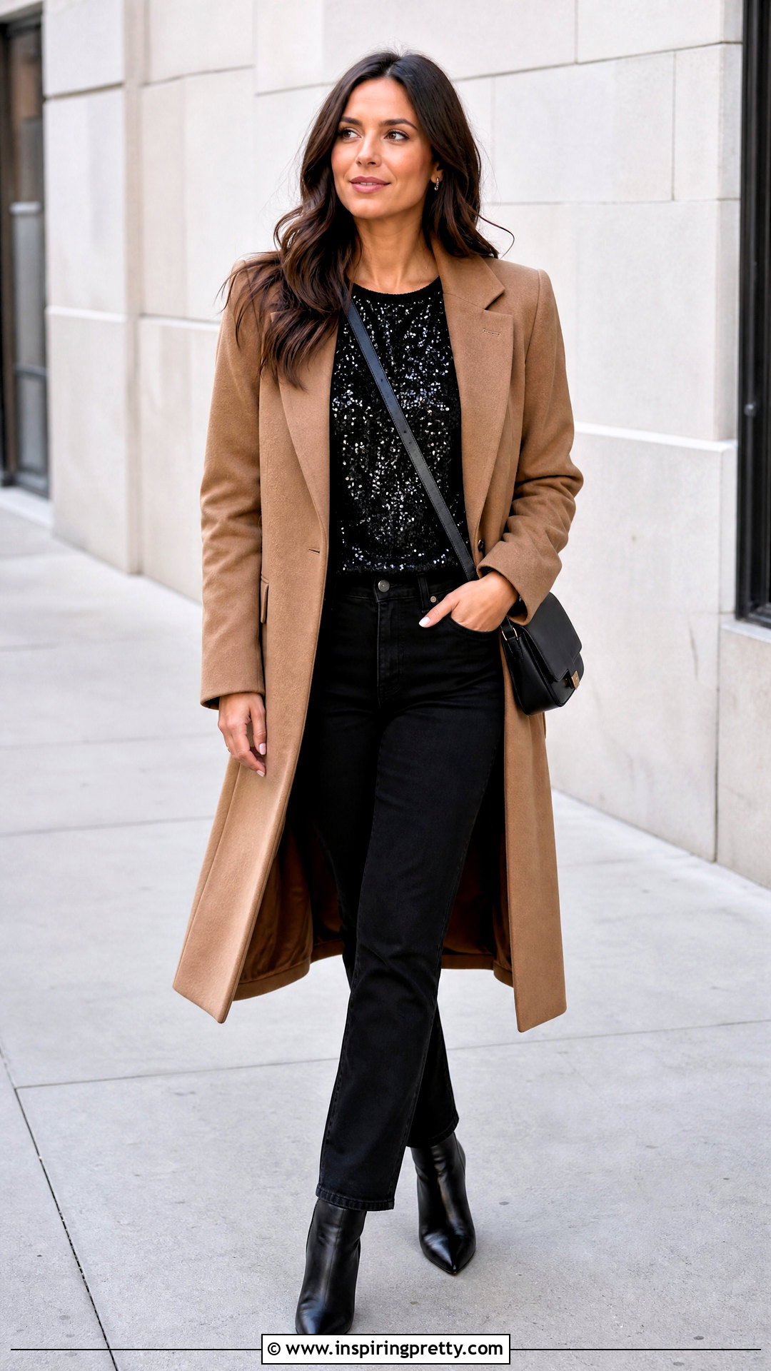 LOFT Sequin Top With Black Jeans And Long Coat - 20 loft sequin top outfit ideas