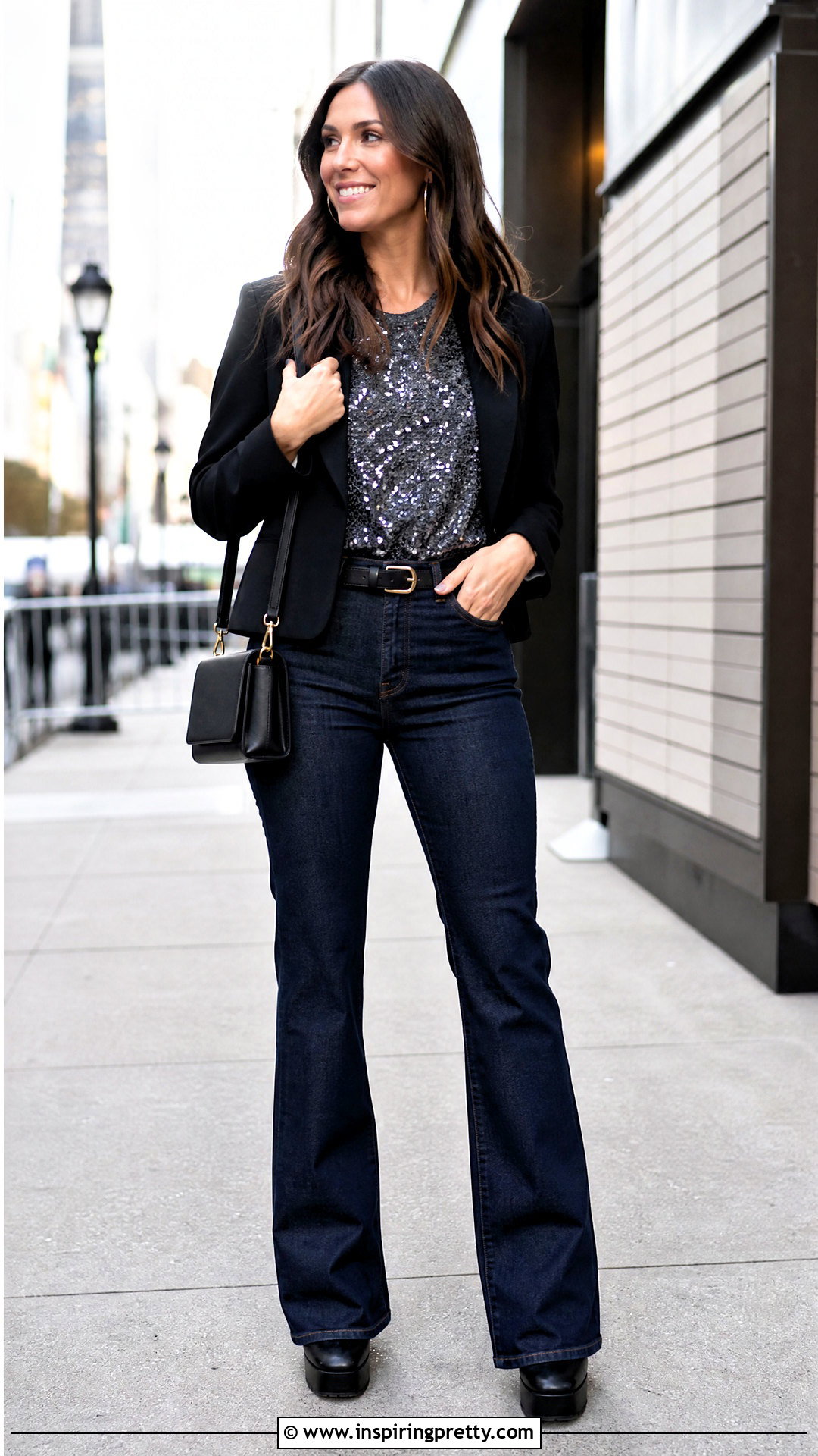 LOFT Sequin Top With Flare Jeans - 20 loft sequin top outfit ideas