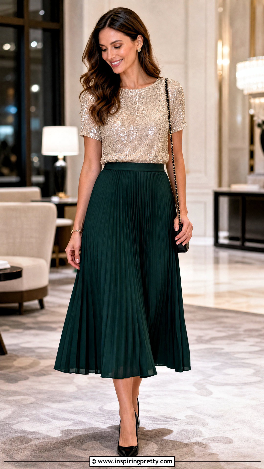 LOFT Sequin Top With Pleated Midi Skirt - 20 loft sequin top outfit ideas