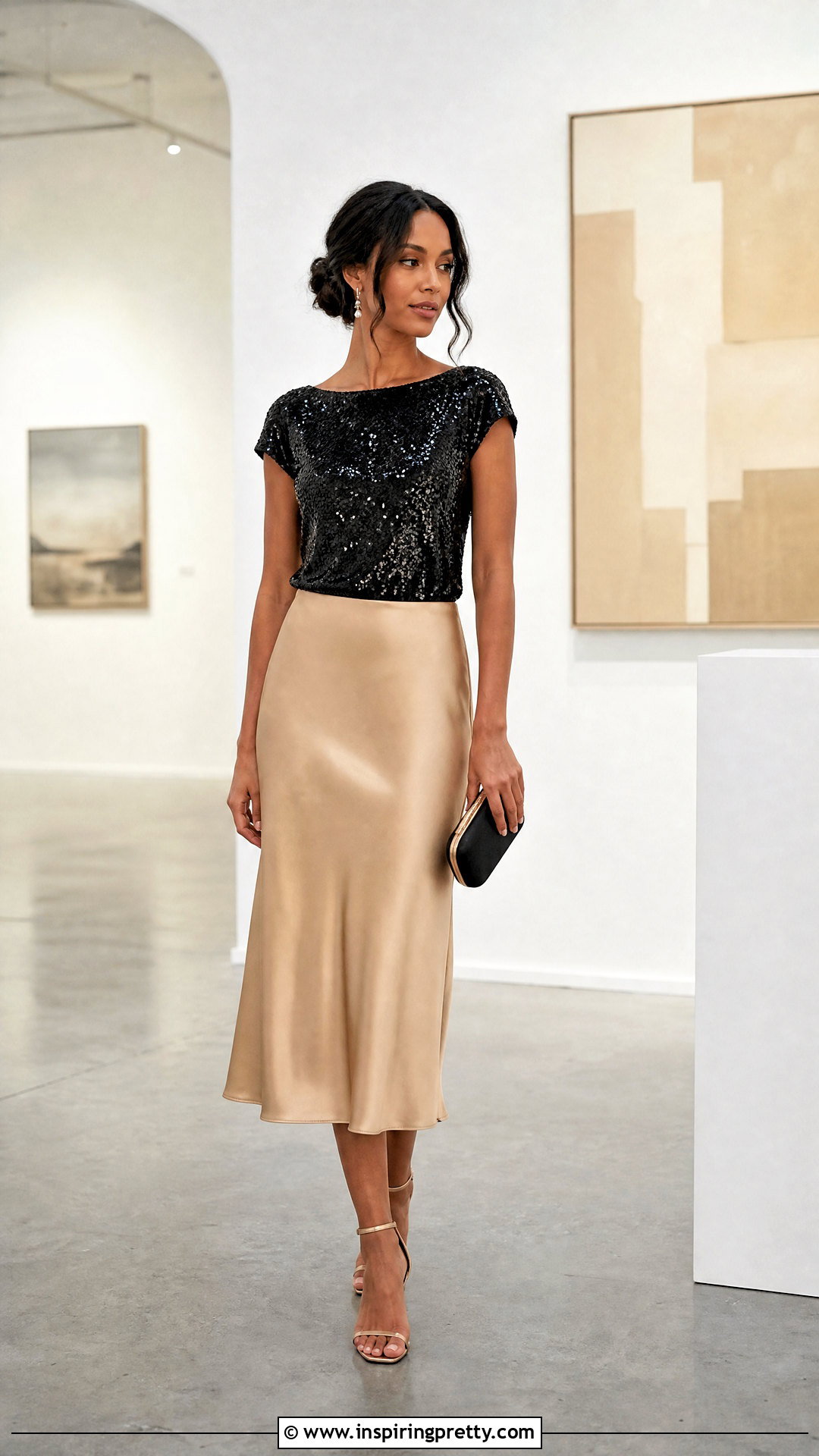 LOFT Sequin Top With Satin Midi Skirt - 20 loft sequin top outfit ideas