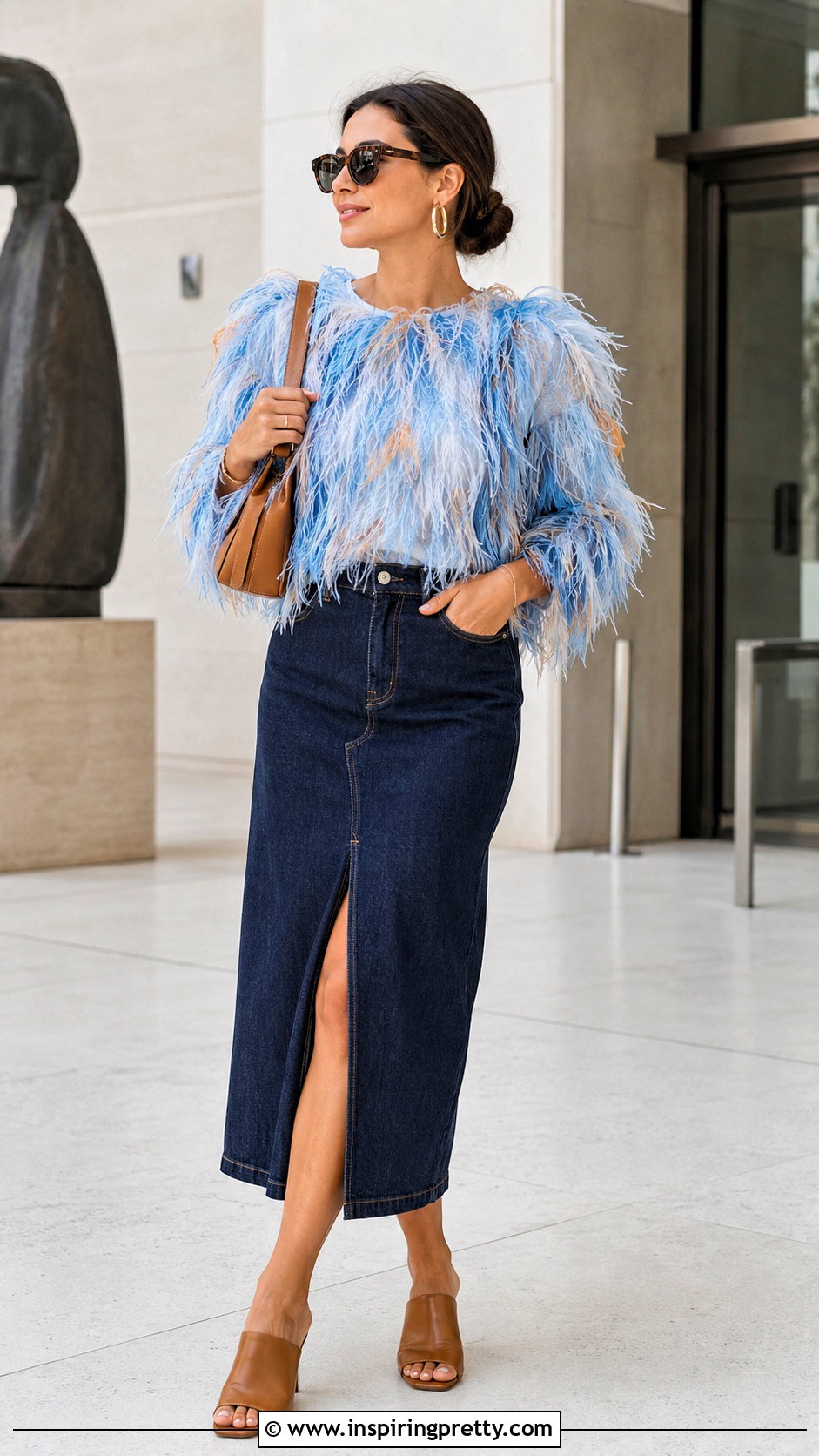 La DoubleJ Feather Top With Denim Midi Skirt - 20 la double j feather top outfit ideas